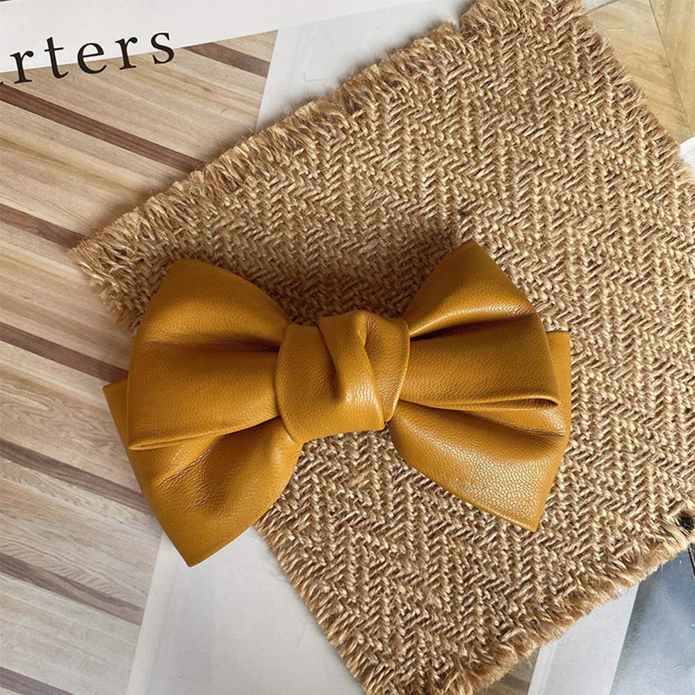 Women's Solid Color PU Leather Hair Clips - French Bow Barrettes, Duckbill Spring Clips for Girls (Yellow) | Perfect for School, Parties, Weddings & Everyday Hairstyles