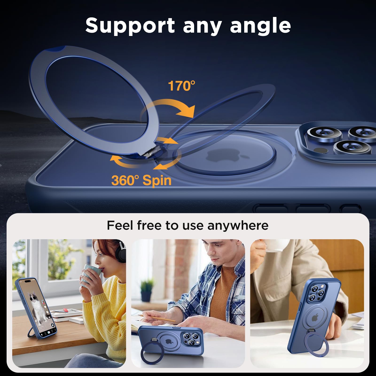 Miracase Magnetic Stand Case for iPhone 15 Pro Max - 360° Rotating MagSafe Compatible, Military-Grade Shockproof Protection, Matte Finish with Ring Holder (Blue) - Perfect for Work, Travel & Everyday Use