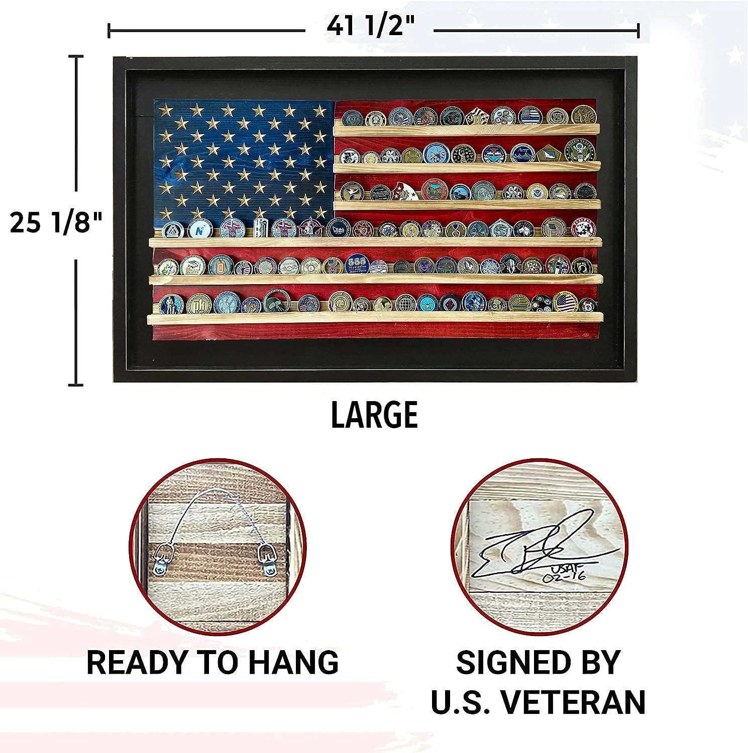 Flags of Valor Framed American Flag Challenge Coin Display - Holds 100 Military Coins | Veteran-Made USA Military Coin Holder Wall Decor | Patriotic Art Ready to Hang (Large 25