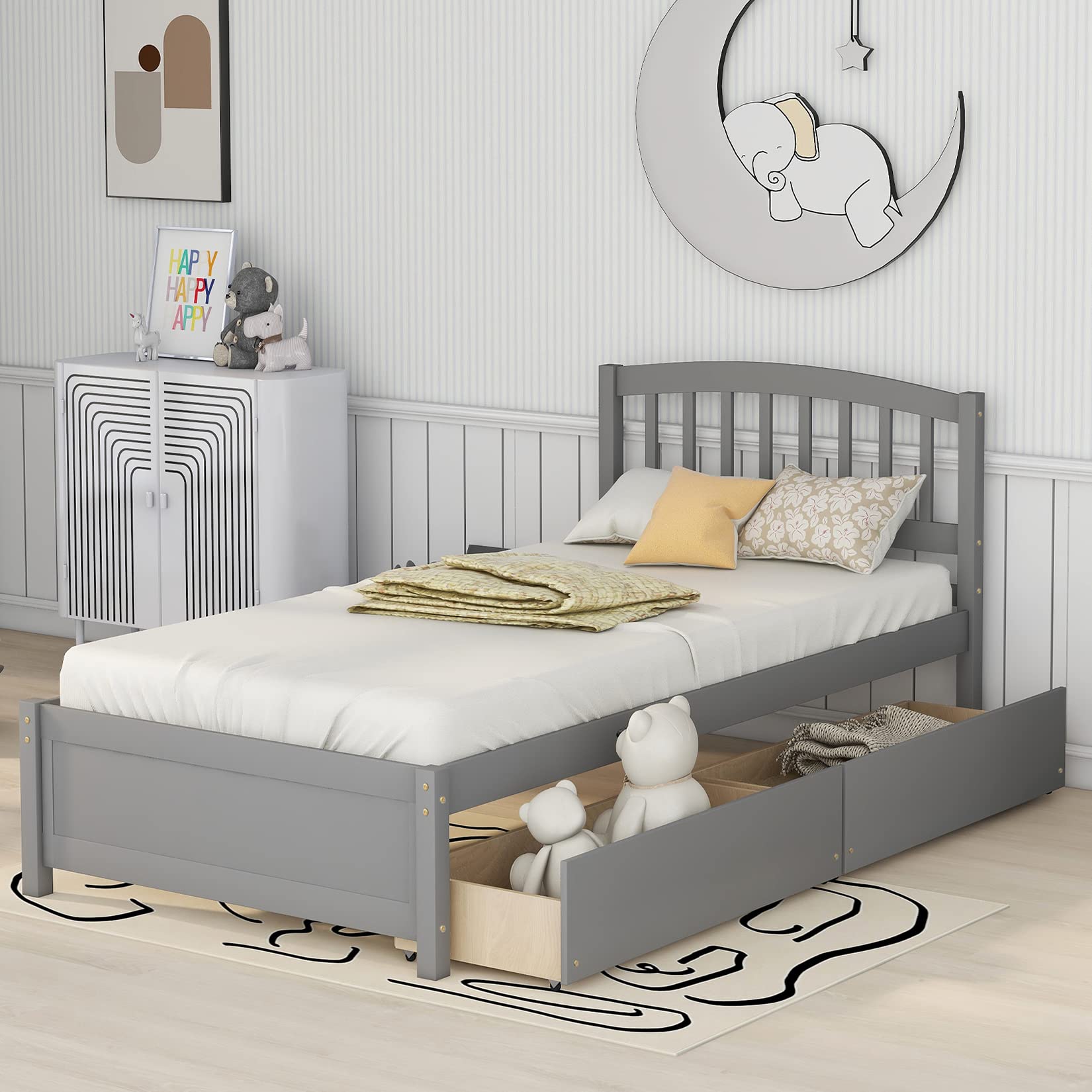 Solid Wood Twin Size Platform Storage Bed with Headboard & 2 Drawers - Gray | Space-Saving Bed Frame for Small Bedrooms, Guest Rooms & Kids Rooms