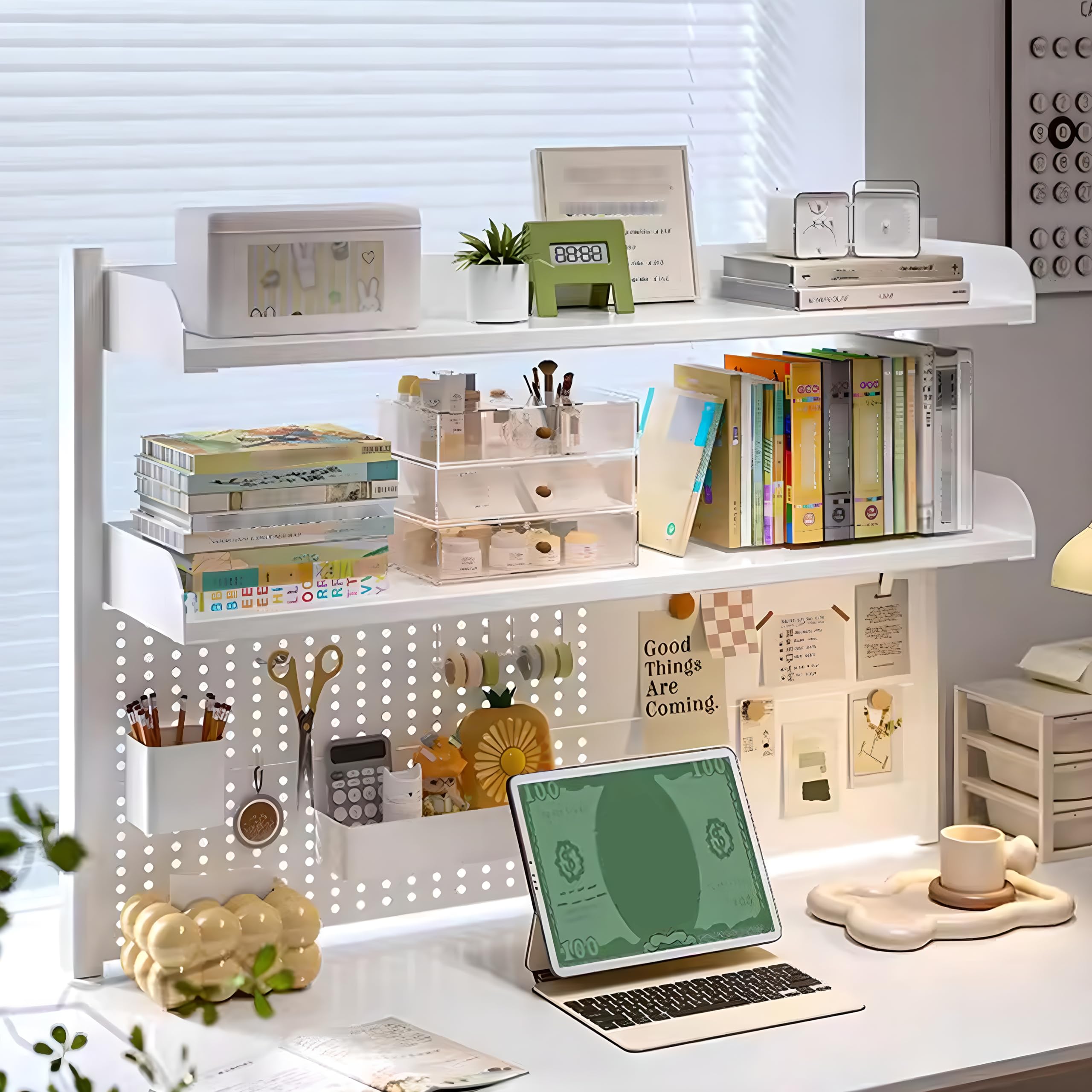 White Clamp-On Desk Organizer Shelf - Adjustable 23.6/31.4/39.3 inch Desktop Shelving System, Pegboard Workstation Extender for Office & Gaming Desk Accessories - Perfect for Workspace Organization & Monitor Privacy Panels (31.4in/80cm)