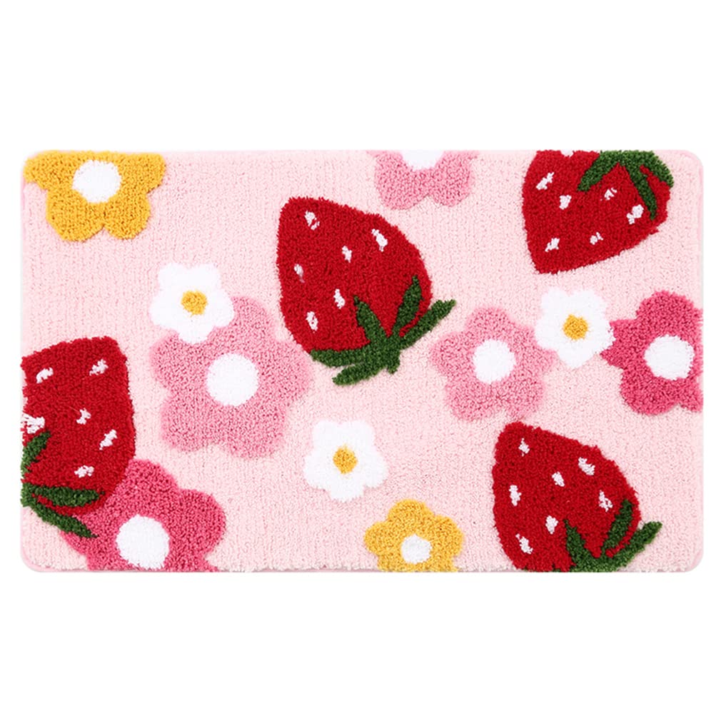 Soft Pink Strawberry Bath Mat - Ultra Absorbent Non-Slip Memory Foam Bathroom Rug for Girls, 18x26 Inch, Washable & Cozy - Perfect for Bathroom, Shower, Bathtub & Bedroom Decor