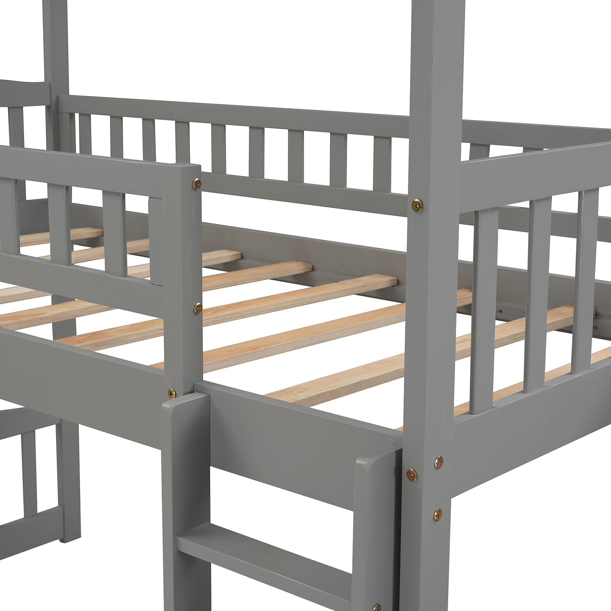 **Kids Twin Loft Bed with Slide & Storage - Solid Wood House Loft Bed with Pitched Roof, Guardrails, 3-Step Stairs, 2 Drawers (Gray & Wood) - Perfect for Small Bedrooms, Playrooms & Space-Saving Kids' Rooms**