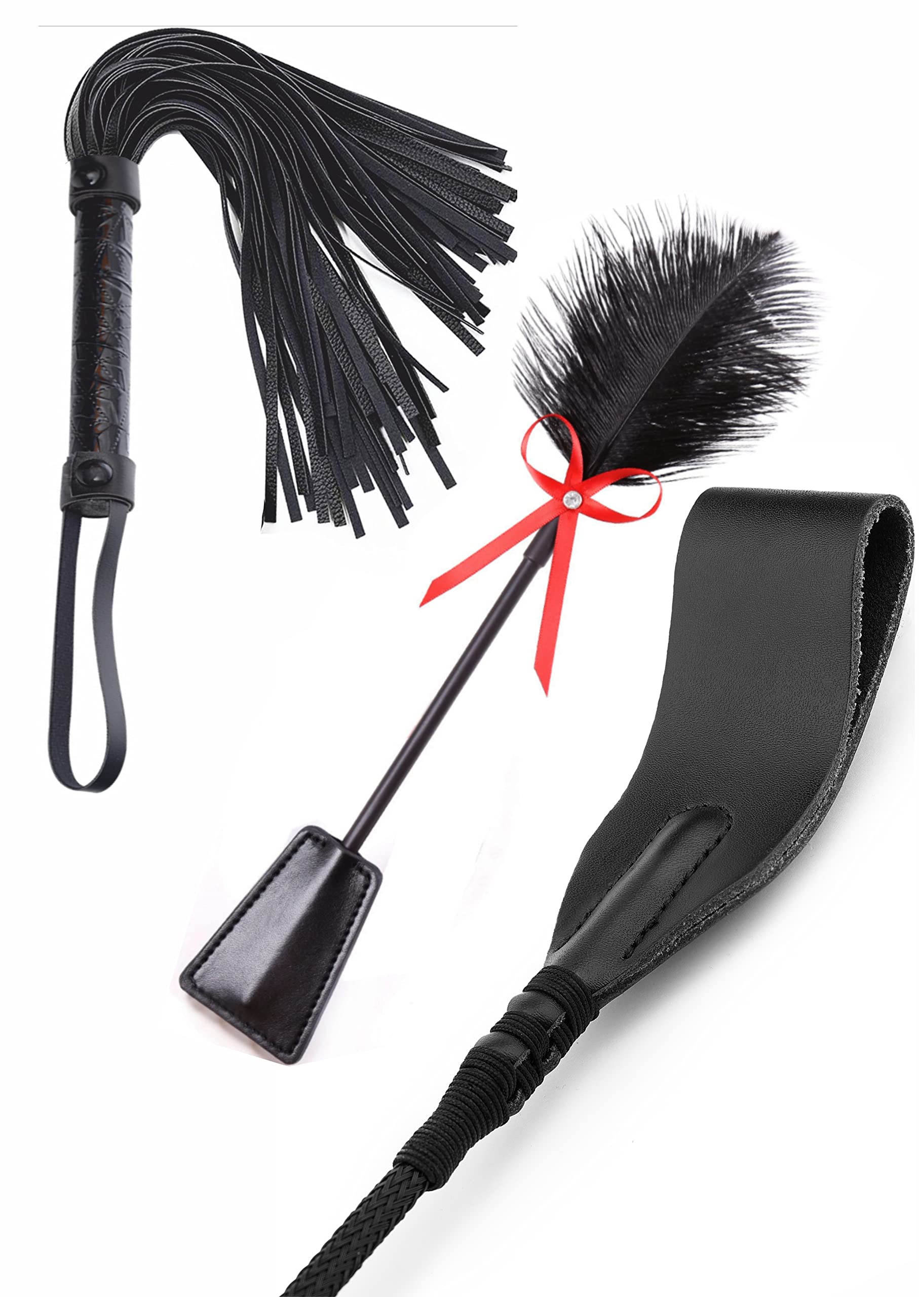 Premium MALINERO 3-in-1 BDSM Whip Set - Leather Adult Crop, Feather Tickler & Sensual Whip for Couples - Perfect for Spicing Up Your Intimate Moments, Role Play & Adult Playtime
