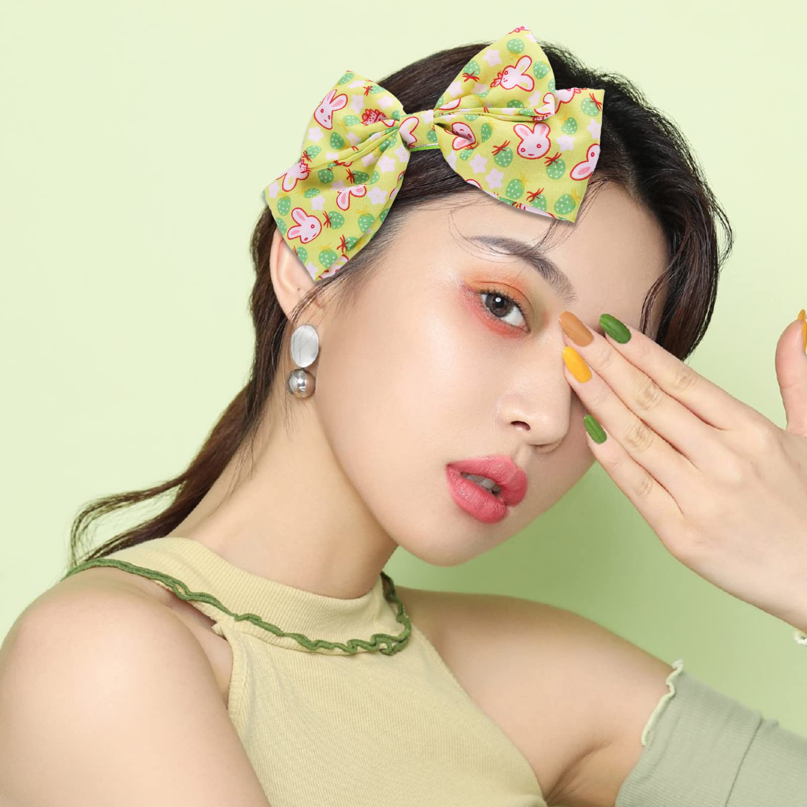 2pcs Easter Big Bow Hair Clips for Girls - Cute French Hair Bows with Rabbit Design, Soft Satin Barrettes & Hair Slides (Green) - Perfect for Easter Outfits, Spring Parties & Photo Shoots