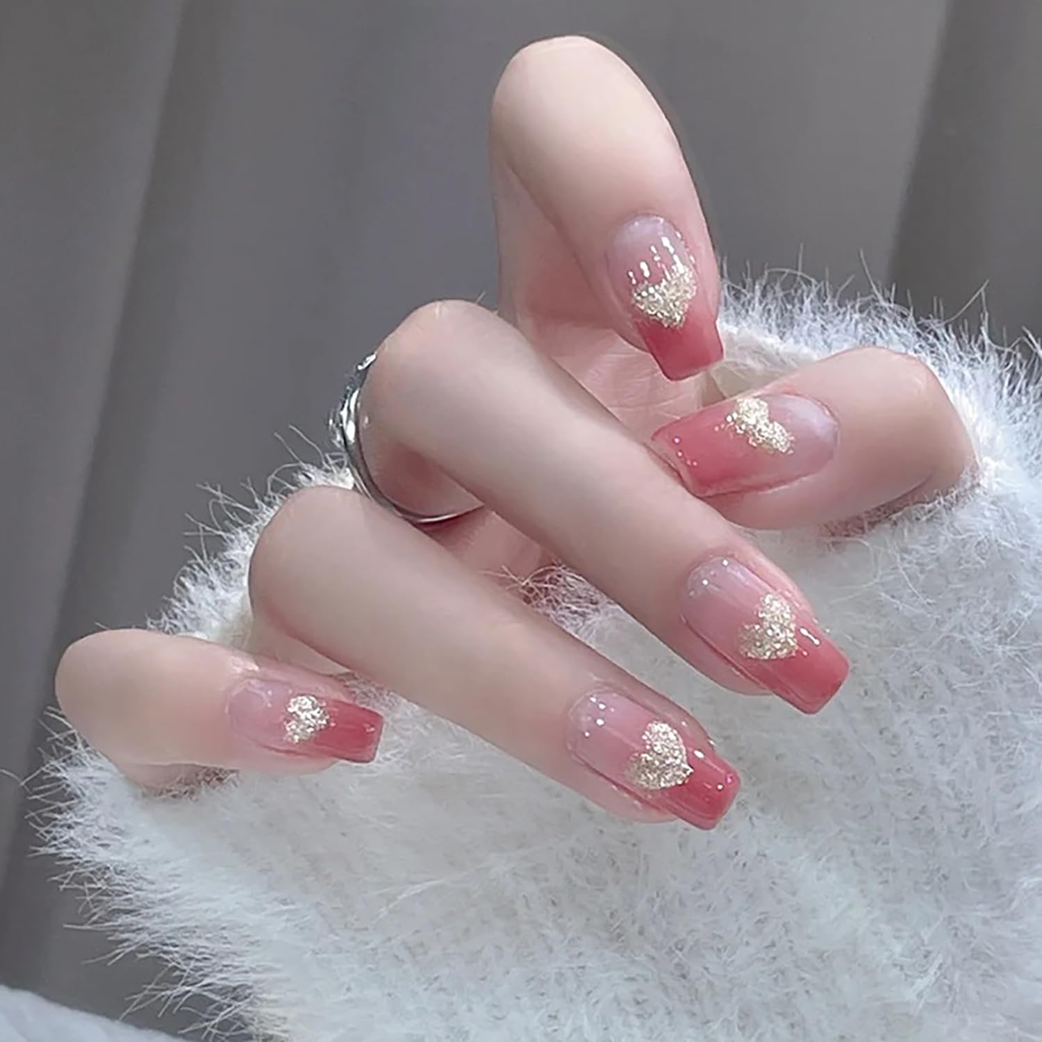 24Pcs French Tip Press On Nails - Medium Square Acrylic Fake Nails with Heart Designs & Glossy Gradient for Women | Easy Glue-On False Nails | Perfect for Parties, Weddings & Everyday Wear