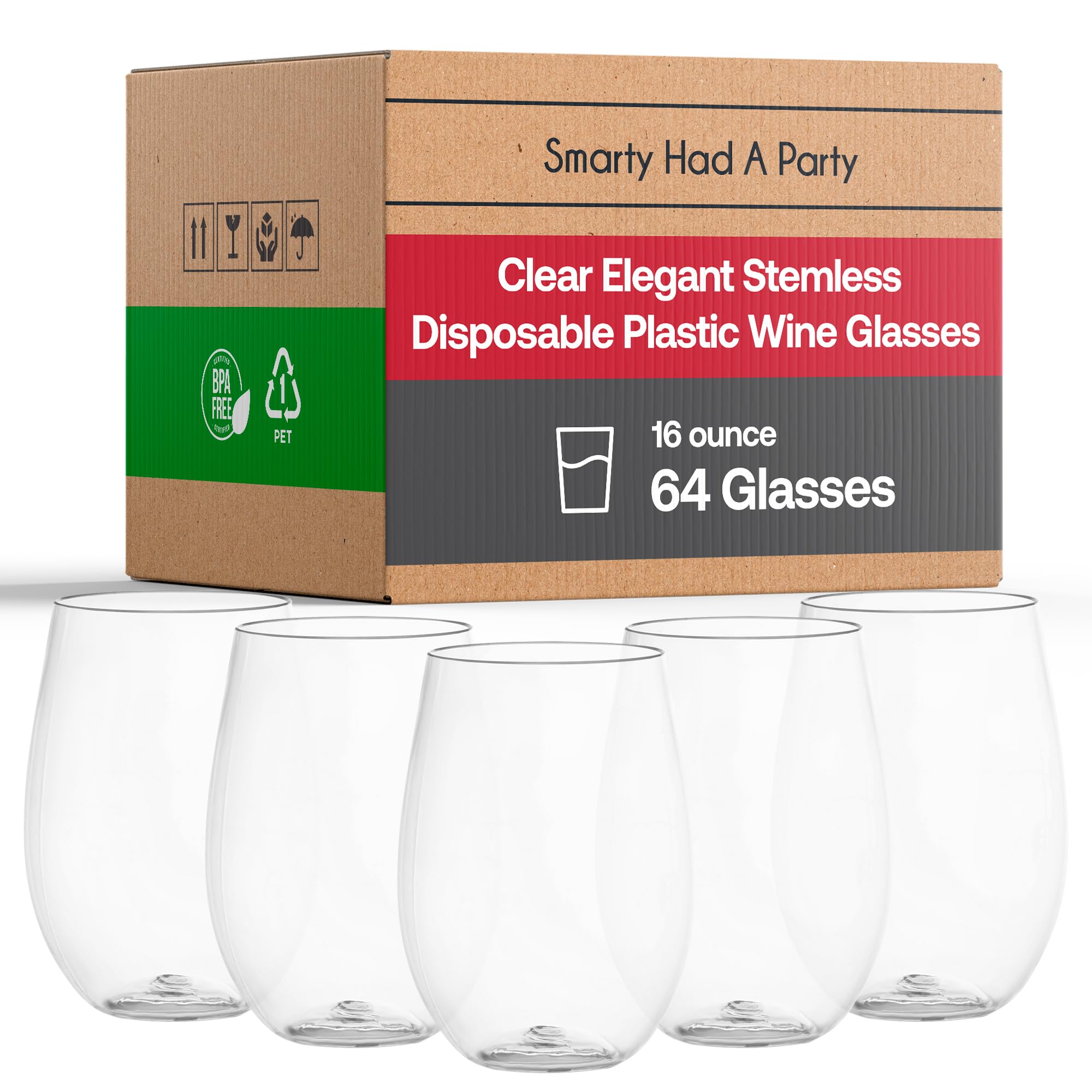 Smarty Had A Party 16 oz Clear Stemless Plastic Wine Glasses - Unbreakable Disposable Drinkware for Weddings, Parties, Events (Bulk 64 Count) - Perfect for Outdoor Picnics, BBQs, and Poolside Gatherings