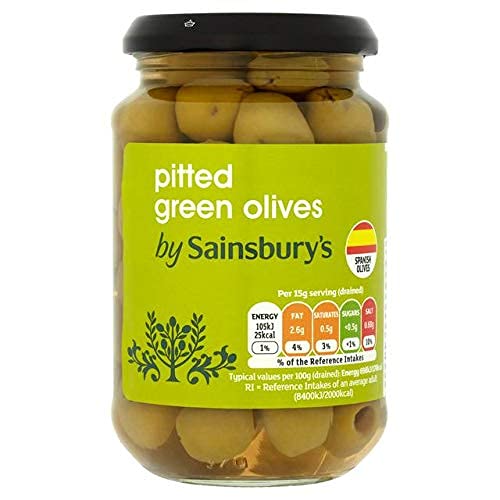 Sainsbury's Pitted Green Olives 350g - Manzanilla Green Olives in Brine | Perfect for Salads, Charcuterie Boards & Mediterranean Recipes