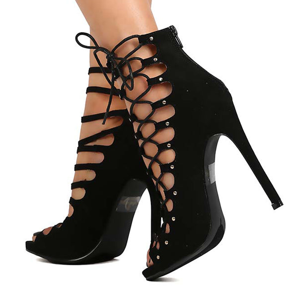 Jesse Black Faux Suede Peep Toe Strappy Side Lace Stiletto Heels for Women - Elegant Evening Party & Wedding High Heel Shoes