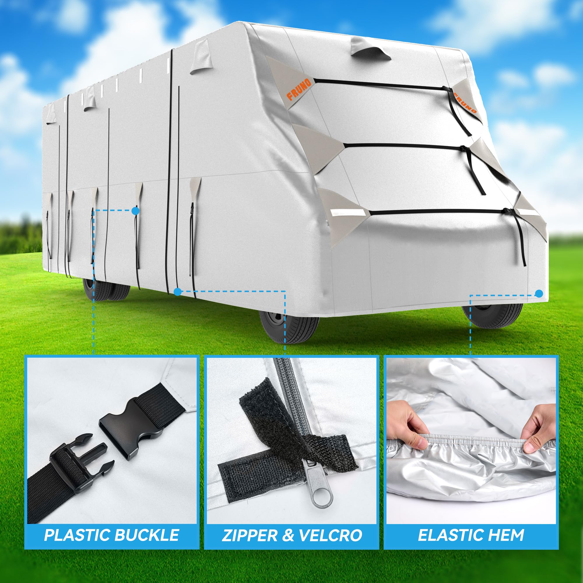Oxford Fabric Class C RV Cover 23'-26' Waterproof, Rip-Resistant, Anti-UV Motorhome Camper Cover - Winter Snow Protection with Jack Cover, 4 Tire Covers & Gutter Covers | All-Weather Protection for Travel Trailers, Camping & Outdoor Storage