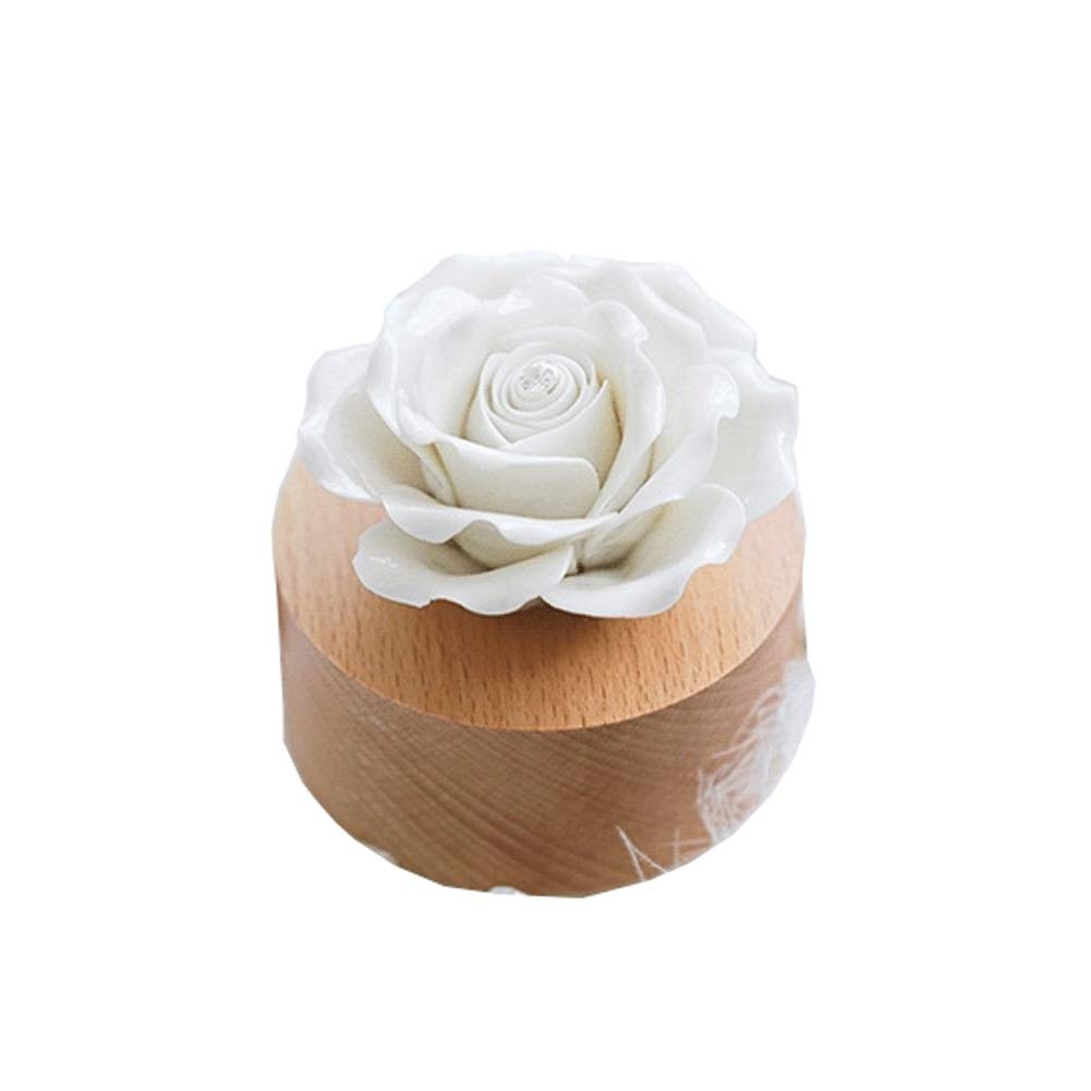 ZANZAN Wooden Wind-Up Music Box with Pink Roses & White Flowers - 3.2in Handcrafted Musical Gift Box Plays 'City in The Sky' - Perfect Romantic Present for Girlfriends, Weddings, Anniversaries & Special Occasions (White)