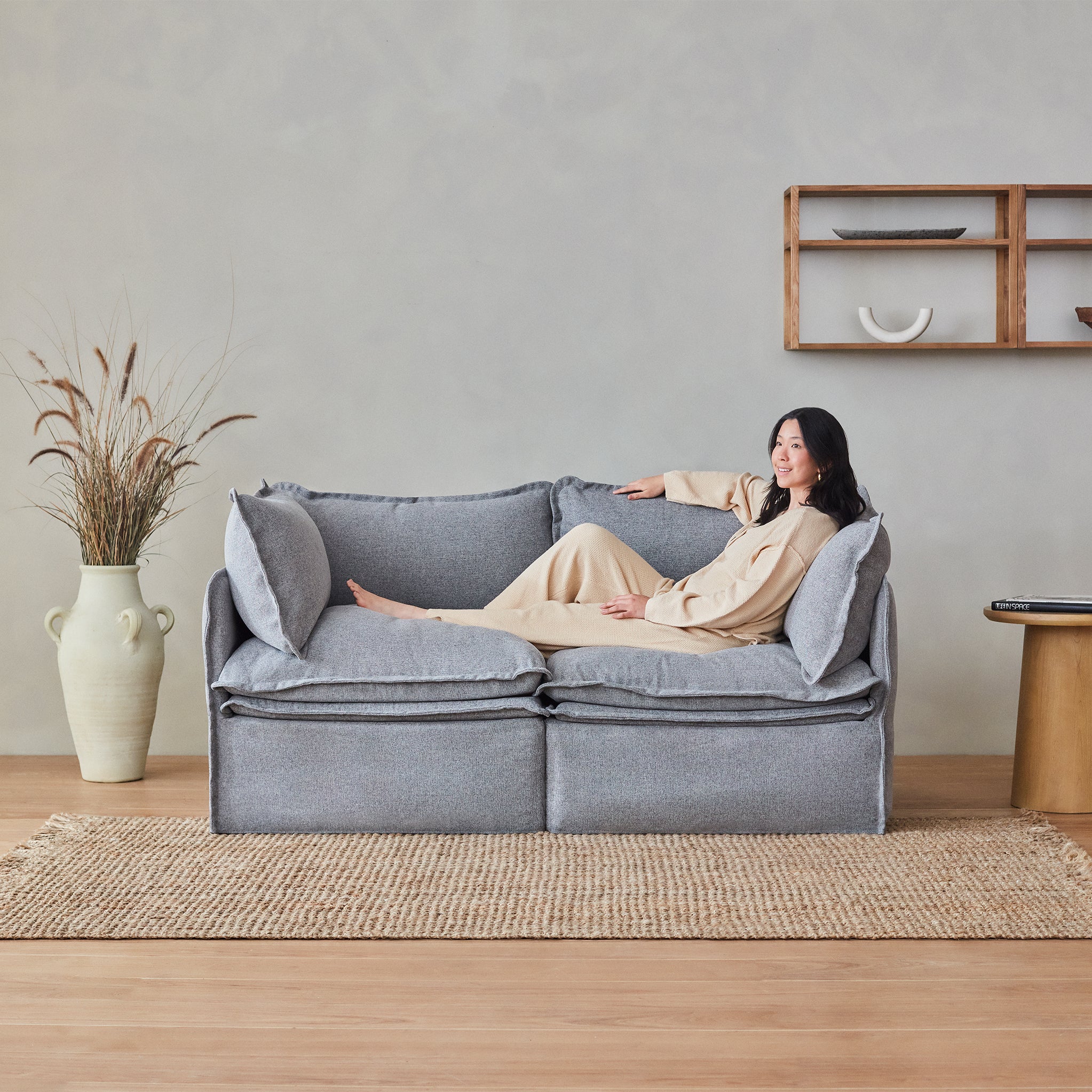 Premium 7-Seater U-Shaped Sectional Sofa with Bench Ottoman - Plush Weave Eggshell Fabric for Ultimate Comfort | Perfect for Living Rooms, Family Gatherings & Home Theaters