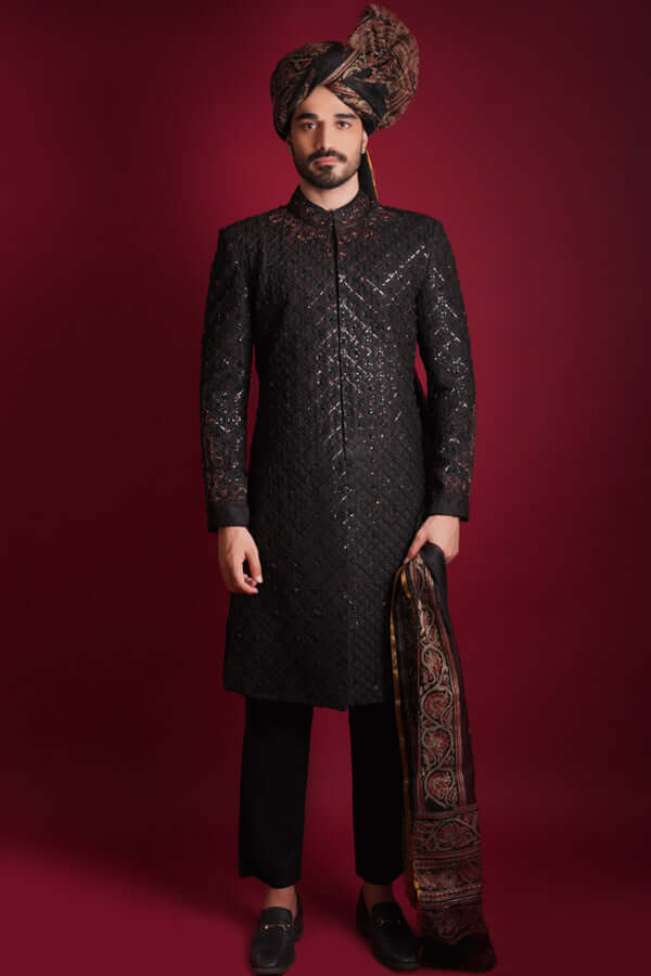 Elegant Jet Black Sherwani with Jewel Tones | Premium Indian Wedding Attire for Groom & Groomsmen | Perfect for Weddings, Festivals & Special Occasions