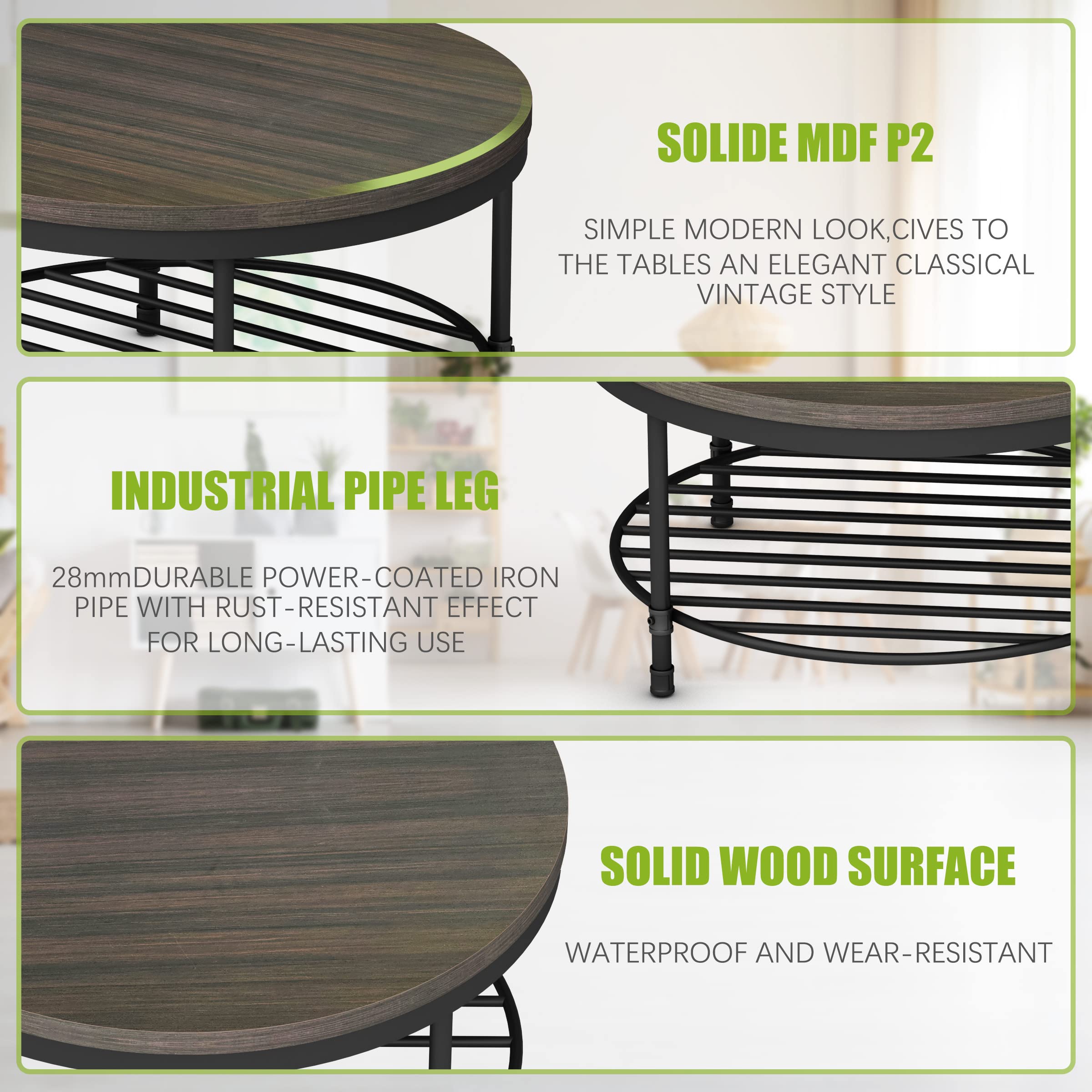 Rustic Round Coffee Table with Wood Top & Metal Legs - Industrial Sofa Table for Living Room, Modern End Table with Storage Shelf, Home Furniture (Dark Grey Brown) - Perfect for Small Spaces, Apartments, and Cozy Living Rooms