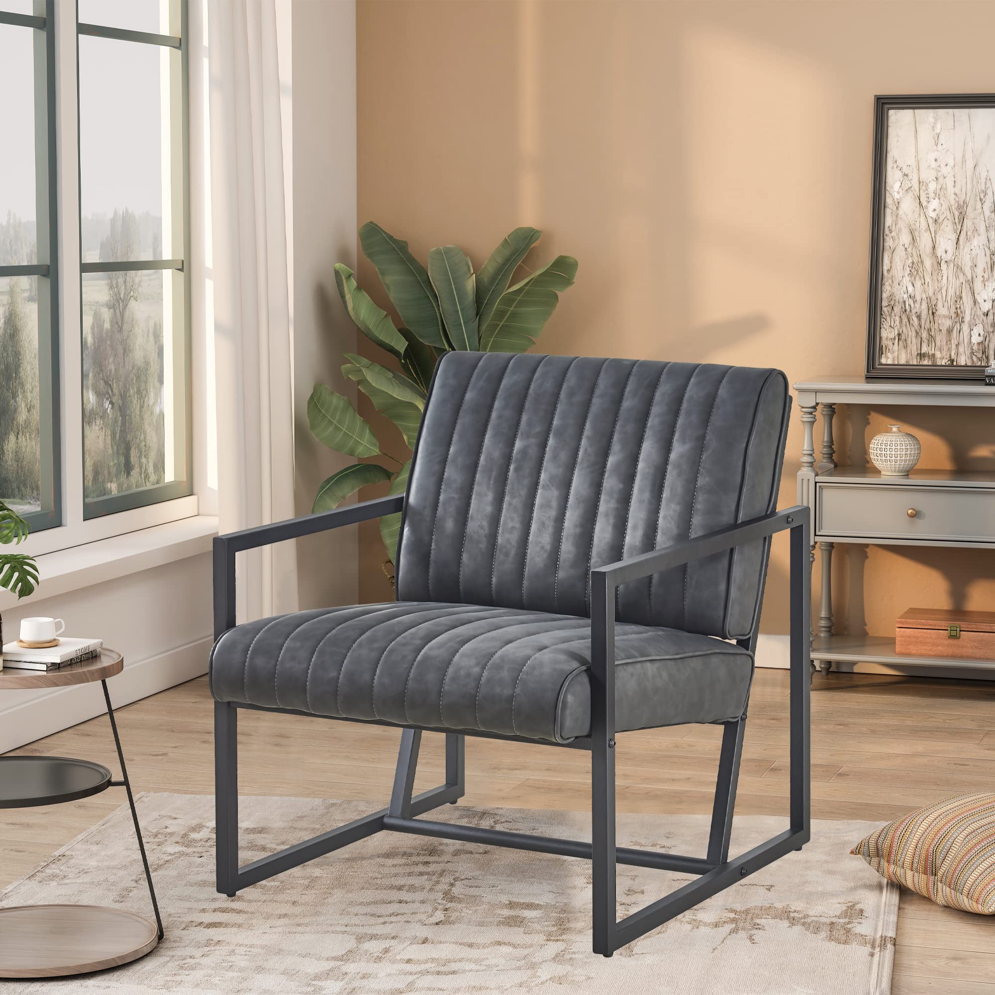 Modern Brown PU Leather & Steel Armchair - Sturdy Dining Chair for Kitchen, Bedroom, Living Room - Perfect for Small Spaces & Home Offices