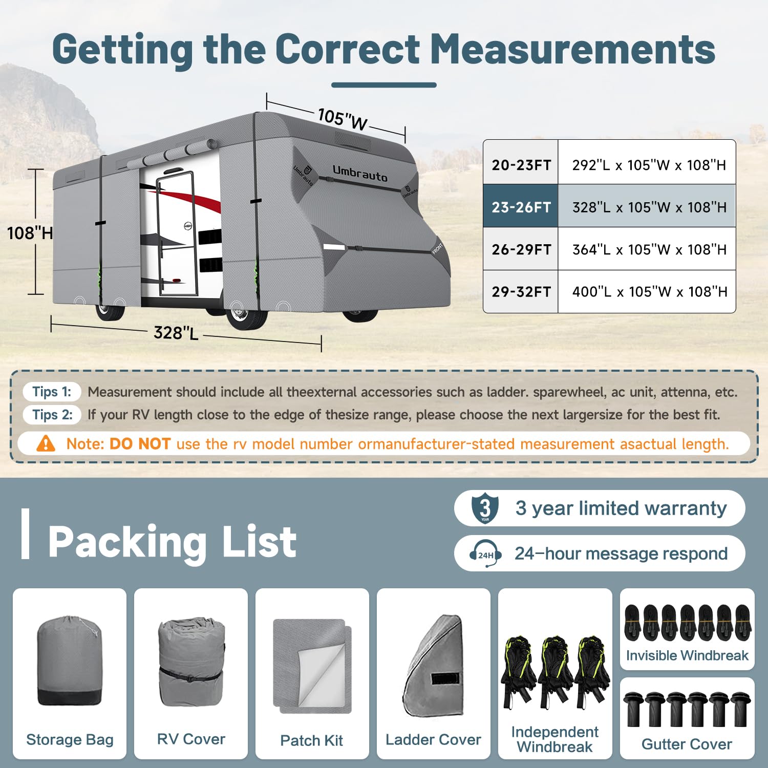 **Umbrauto RV Cover for Class C Motorhomes 23'-26' - 7-Layer Anti-UV, Windproof, Waterproof Camper Cover with 3 Extra Straps, Repair Patches & 6 Gutter Covers - Perfect for Outdoor Storage & Travel Protection**