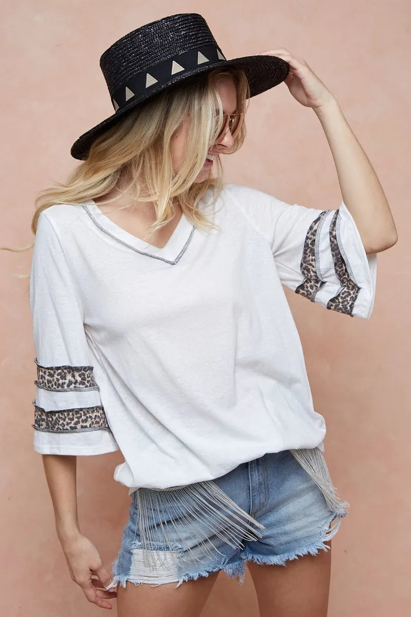 BiBi Triblend Knit Top with Leopard Band Detail - Women's Fashion T-Shirt for Casual Wear & Street Style Outfits