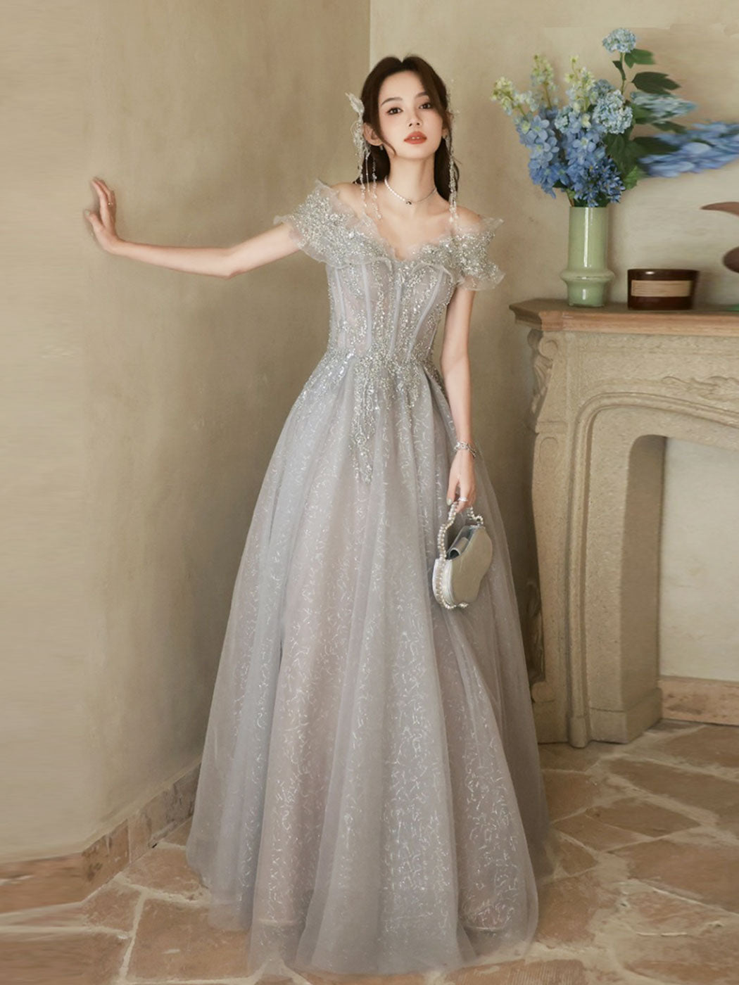 Elegant A-Line Off Shoulder Tulle Sequin Gray Long Prom Dress - Formal Evening Gown for Homecoming, Quinceañera & Special Occasions