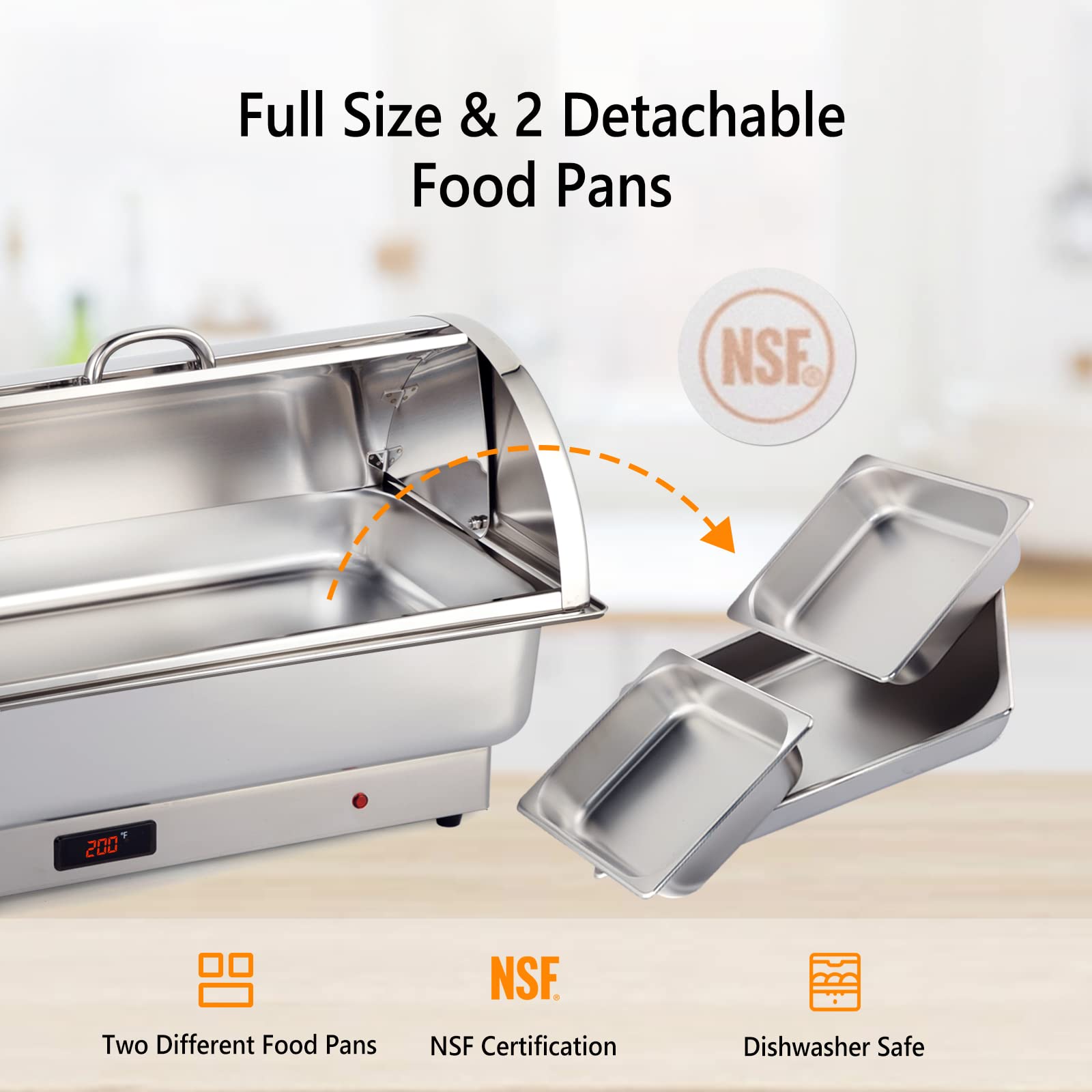 ROVSUN 2 Pack 9 QT Electric Buffet Chafing Dishes Set - NSF Certified Stainless Steel Roll Top Catering Food Warmer with Lid - Includes 2 Detachable Pans for Party, Wedding, Banquet & Catering Events - Perfect for Buffet Serving, Catering Business, and Home Entertaining