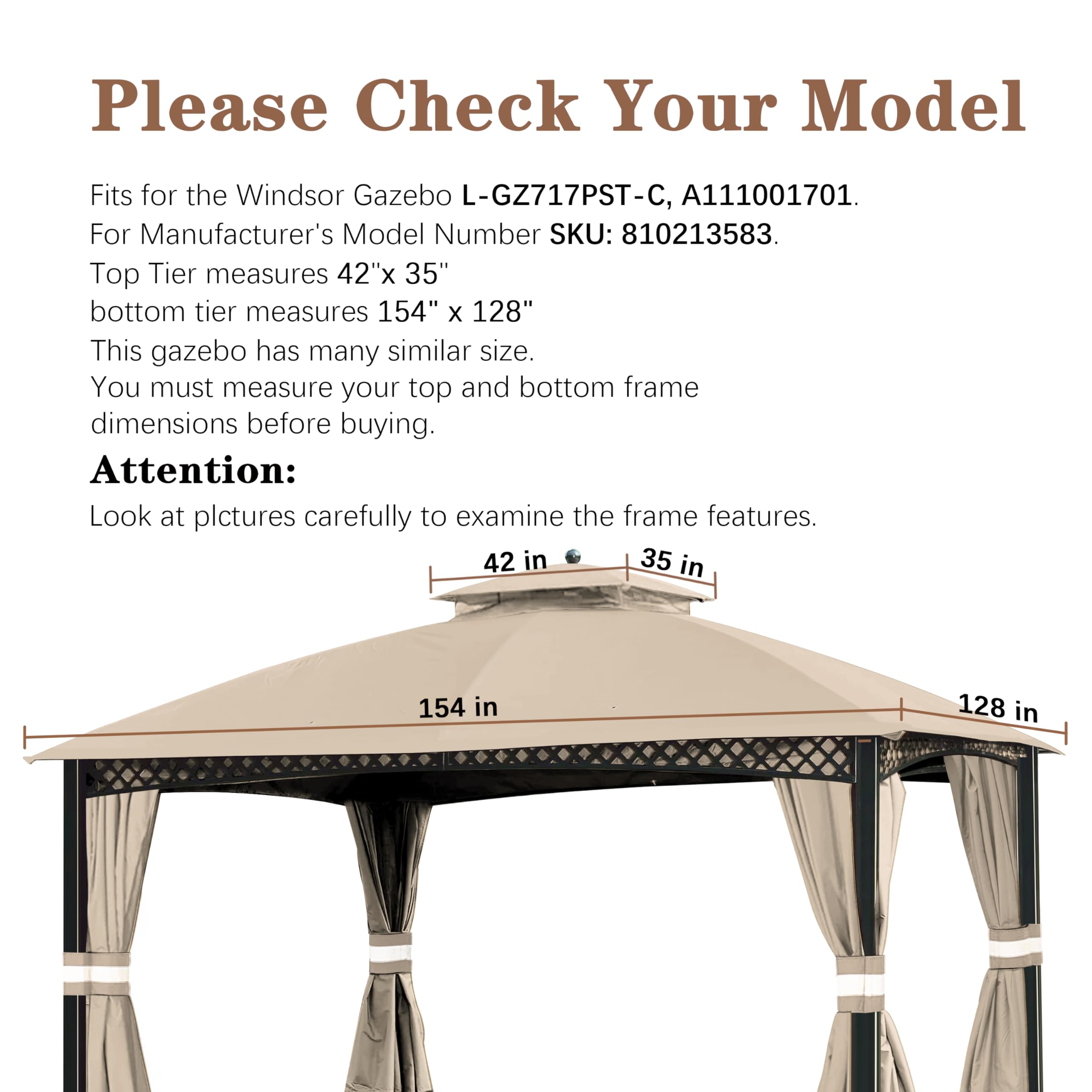 Replacement Canopy Cover for Windsor Gazebo L-GZ717PST-C (Light Beige) - Durable Weatherproof Gazebo Top Replacement - Perfect for Outdoor Patio, Garden, and Backyard Relaxation