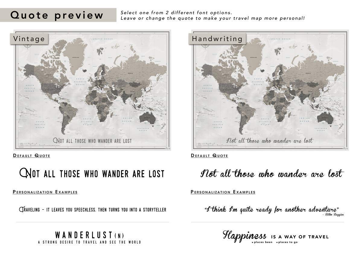 Personalized Travel Map with Pins - Custom Quote World Map Push Pin Poster for Adventure Tracking - 24