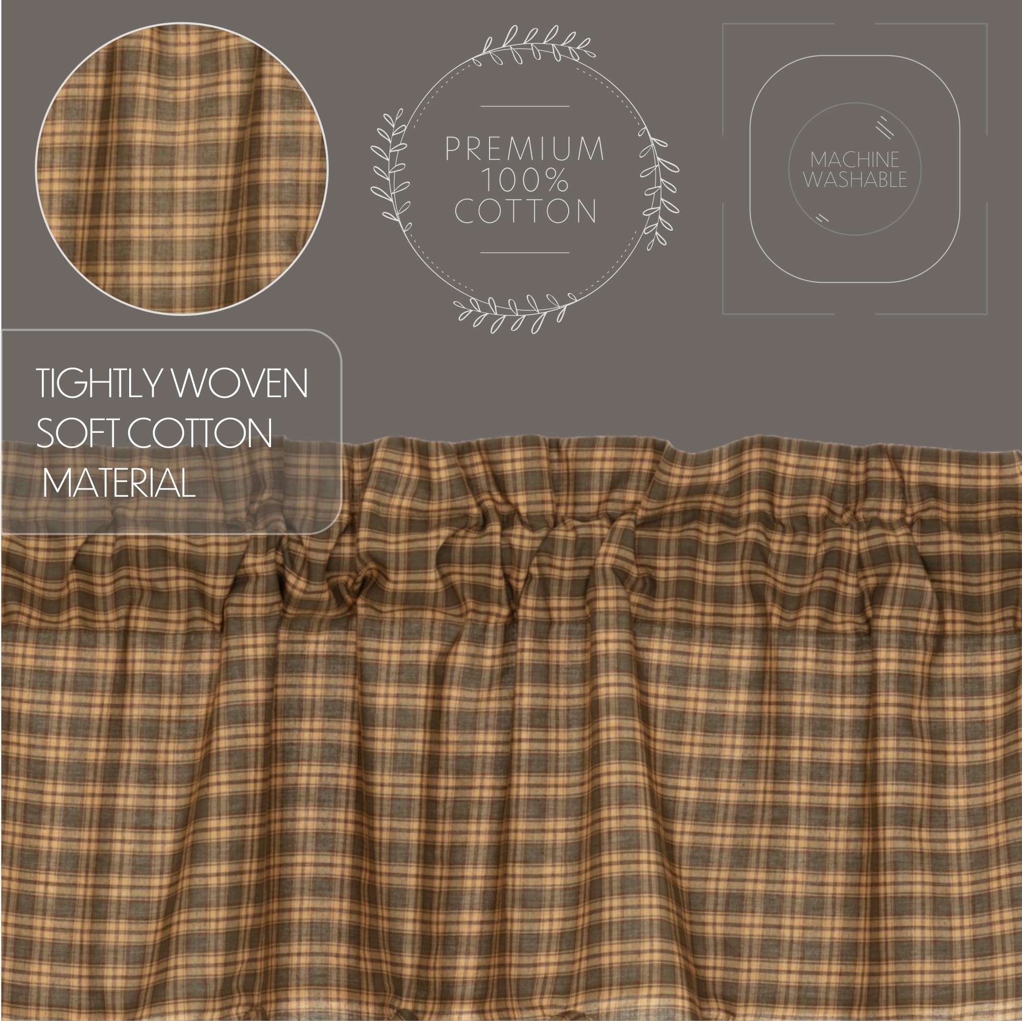 Rustic Cedar Green Plaid Cotton Curtains with Rod Pocket & Drawstring Ties - Prairie Style Panel Pair for Living Room, Bedroom & Farmhouse Decor
