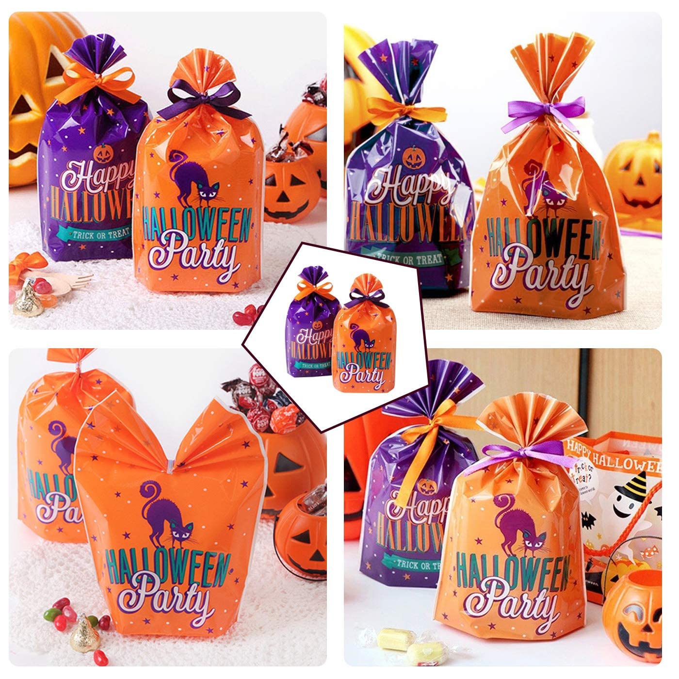 100PCS Halloween Candy Bags with 72Ft Satin Ribbon - Cat Pumpkin Pattern Treat Bags for Chocolate, Cookies, Biscuits (7.9