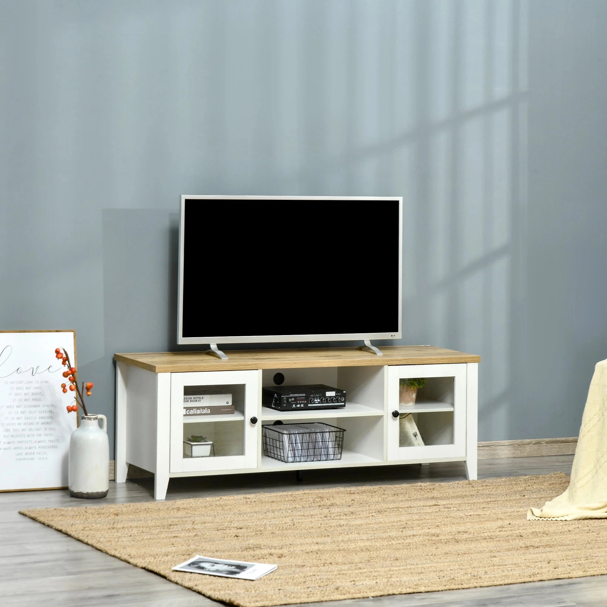 Modern TV Stand for Up to 60 Inch TVs - Sturdy Wooden Entertainment Center with Storage Shelf (Black/White/Walnut) - Perfect for Living Room, Bedroom & Home Theater Setup