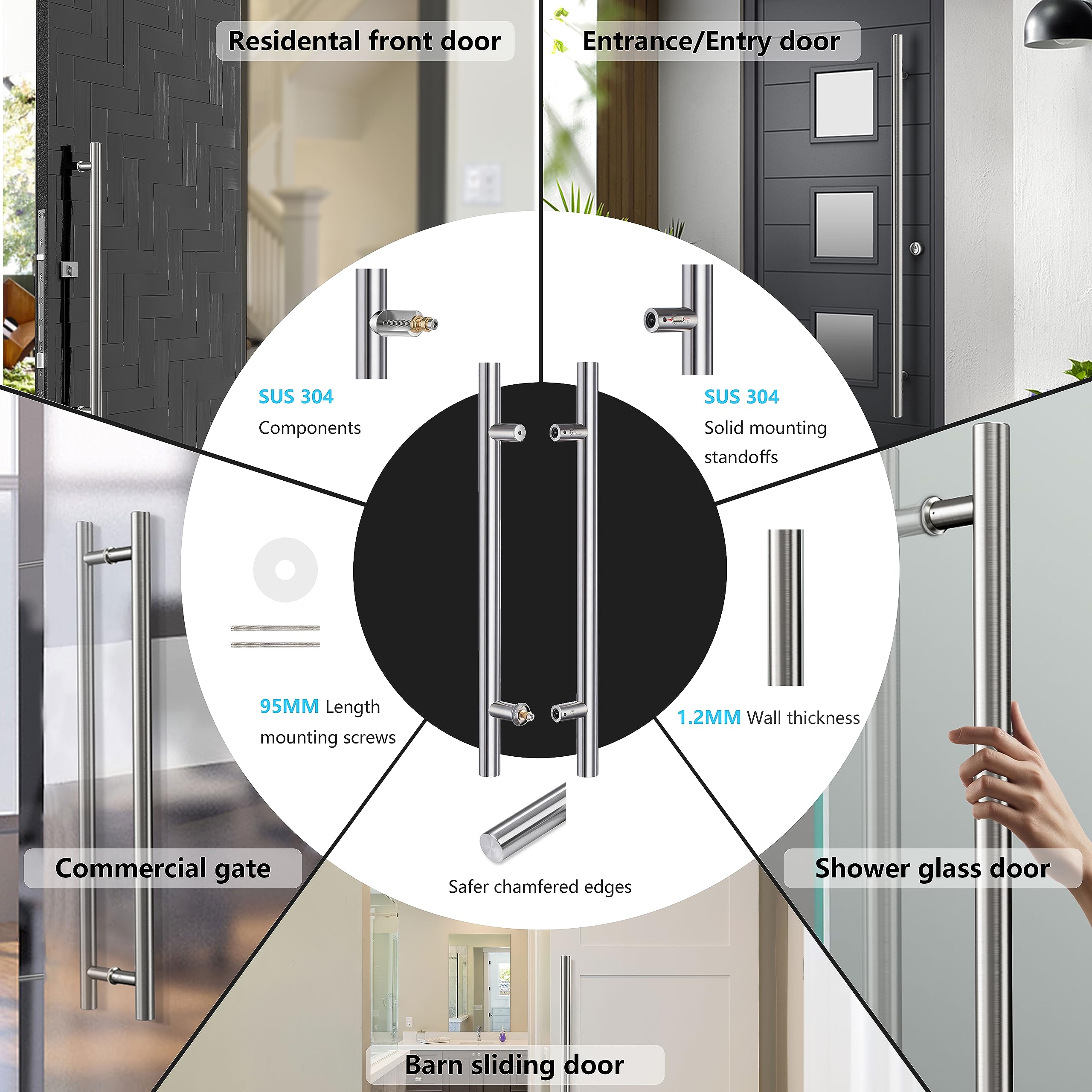 TOGU TG-6012 60-Inch Heavy-Duty Commercial Grade 304 Stainless Steel Push Pull Door Handle - Barn Door Pull & Glass Pulls - Brushed Stainless Steel Finish - Perfect for Barn Doors, Glass Doors & Commercial Entrances