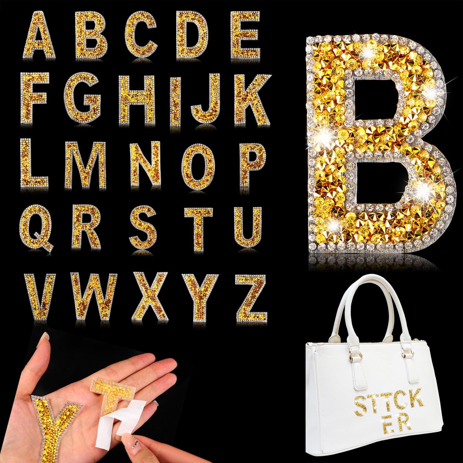 Yinder Glitter Resin Rhinestone Alphabet Letter Stickers - Self Adhesive A-Z Iron On Letters for DIY Crafts, Clothing, Scrapbooking & Home Decor (Gold, 26 Pieces) - Perfect for Customizing T-Shirts, Hats, Bags & More
