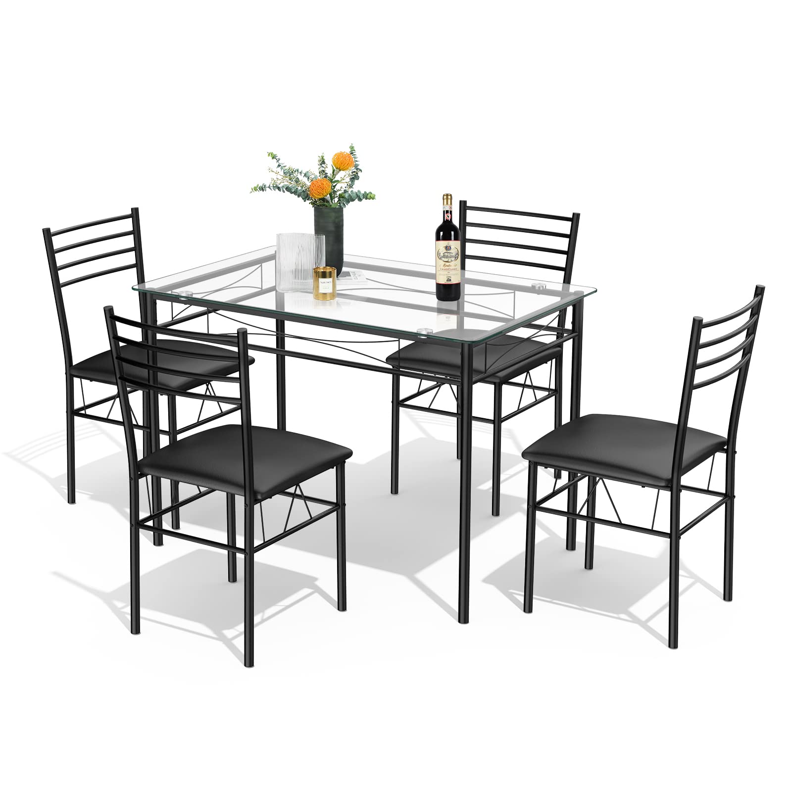 Tangkula 5-Piece Dining Table Set with Tempered Glass Top & 4 Chairs - Modern Kitchen & Dining Room Furniture in Black - Perfect for Small Spaces, Apartments & Family Meals