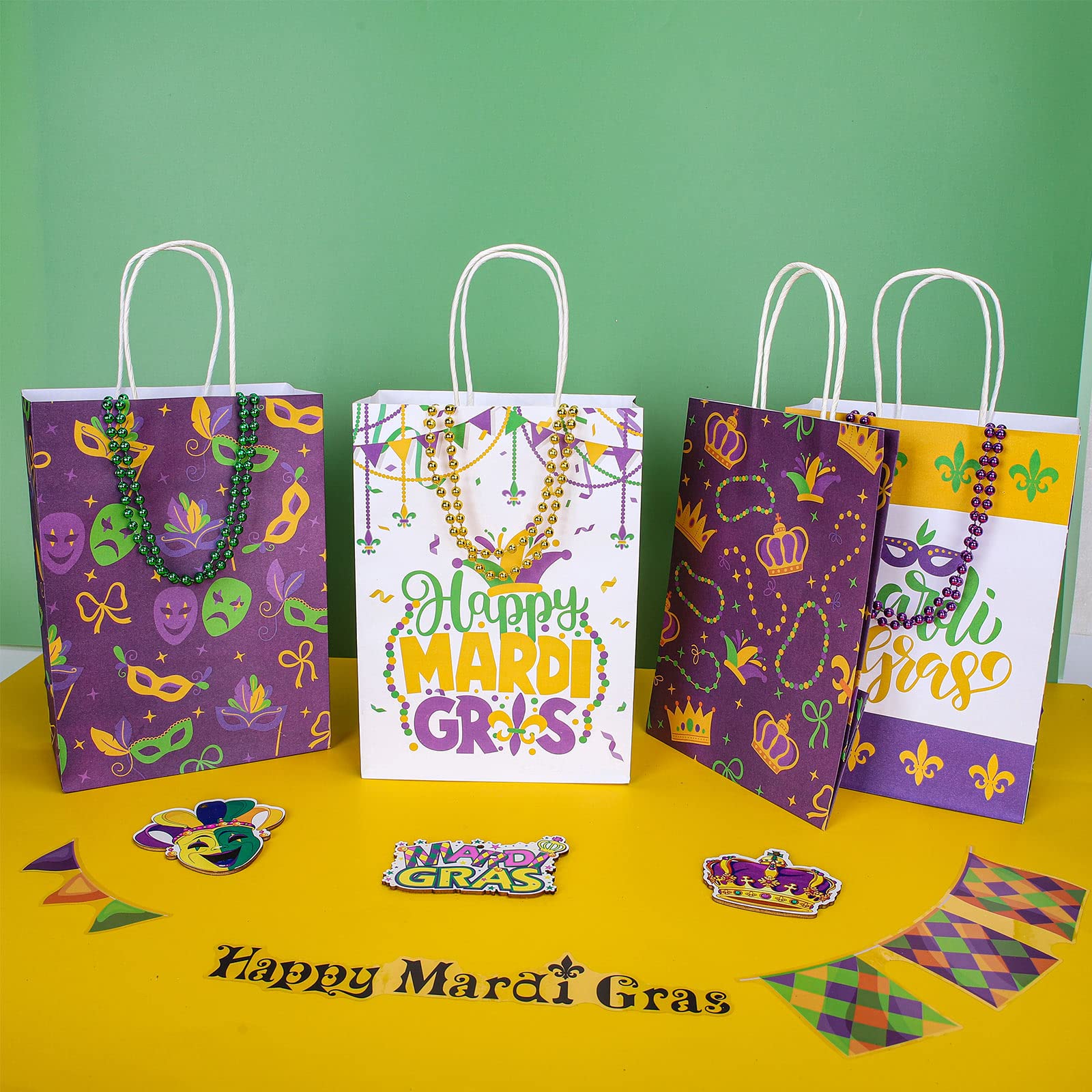 Whaline 20 Pack Mardi Gras Party Favor Bags with Handles - Assorted 4 Designs Including Crown, Mask & Gold Coins - Perfect for Gift Wrapping, Birthday Parties, Carnival Celebrations & Festive Events