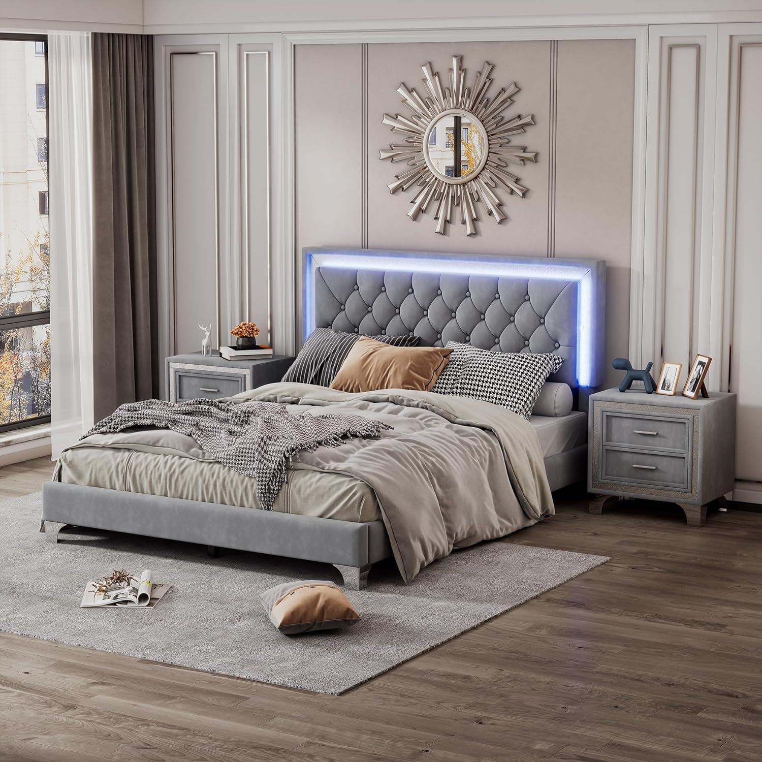 Linique 3-Piece Queen Size Bedroom Set - Velvet Upholstered Platform Bed Frame with LED Lights & Nightstands, Wooden Bed with Button Tufted Headboard in Grey | Modern LED Bedroom Furniture for Master Bedroom, Guest Room & Apartment Decor