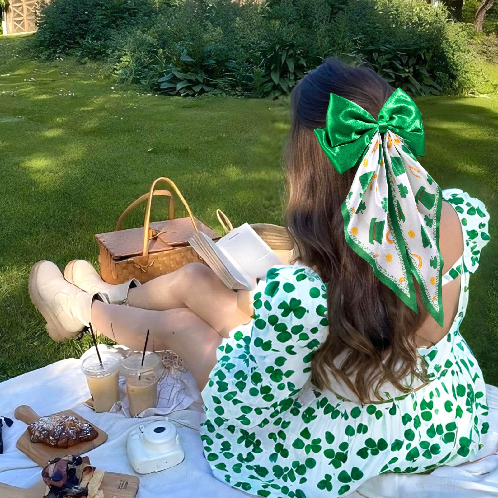 OAOLEER 2PCS St. Patrick's Day Hair Bows for Women & Girls - 8 Inch Green Satin Layered Hair Clips with Long Tail, French Style Hair Accessories for Parties, Weddings & Festive Events