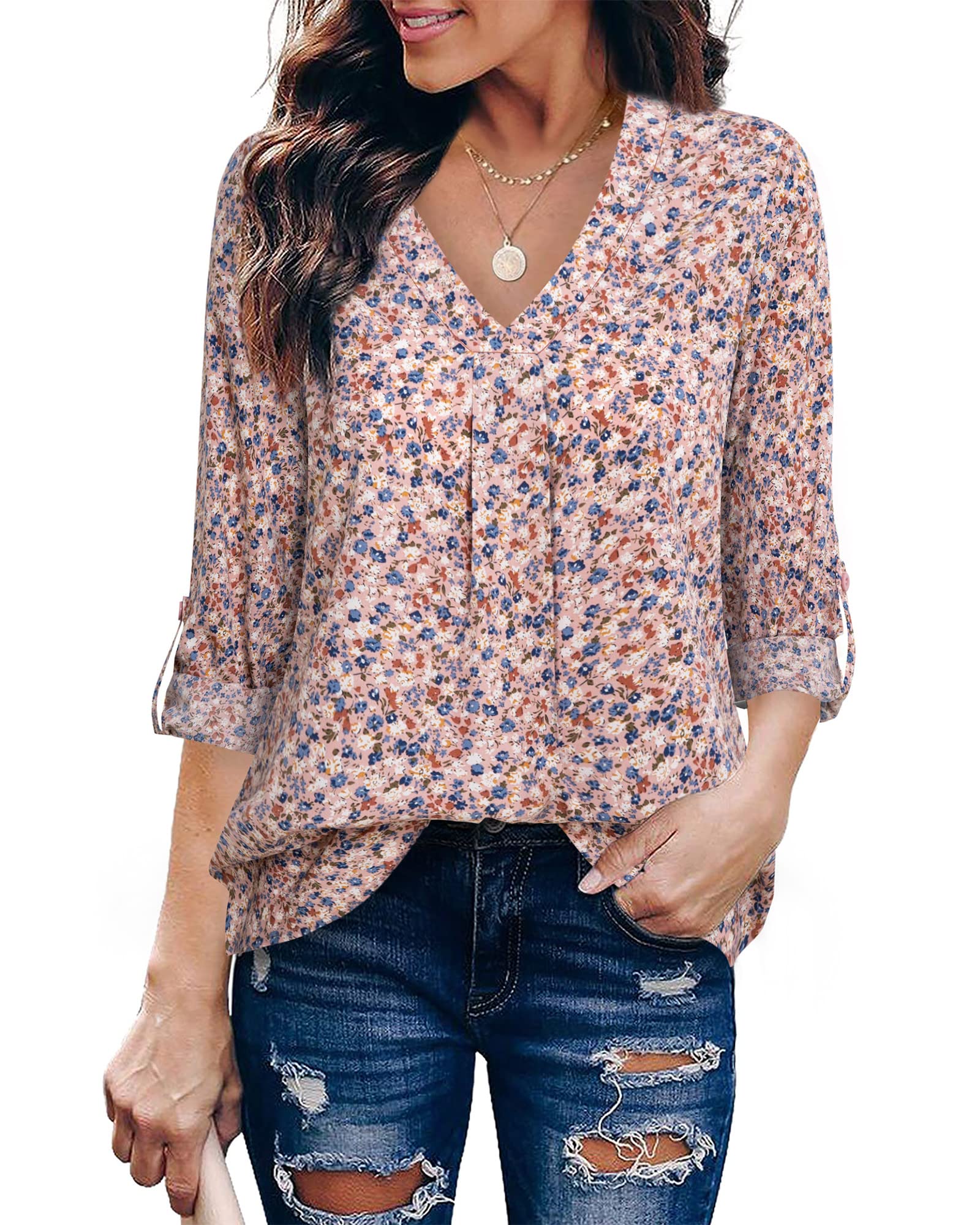 Youtalia Women's Casual Blouses - Loose V-Neck 3/4 Sleeve Tunic Tops for Work & Everyday Wear | Comfortable & Stylish Office & Weekend Outfits