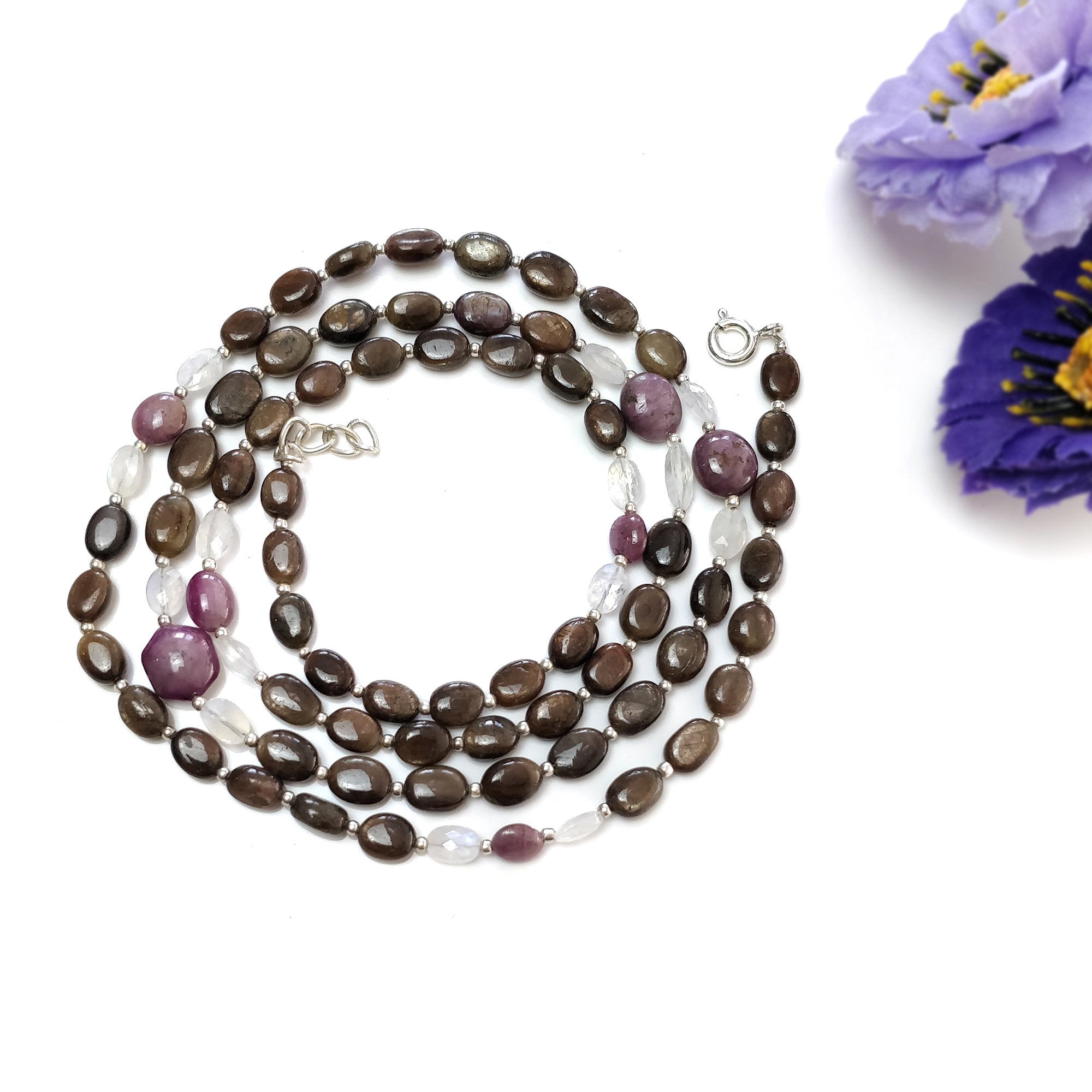 Natural Chocolate Sapphire Moonstone & Star Ruby Gemstone Necklace - 122.00cts Untreated Oval Stones with 925 Sterling Silver (6*4mm & 9*8mm) | Elegant Jewelry for Women, Perfect for Weddings, Parties & Special Occasions