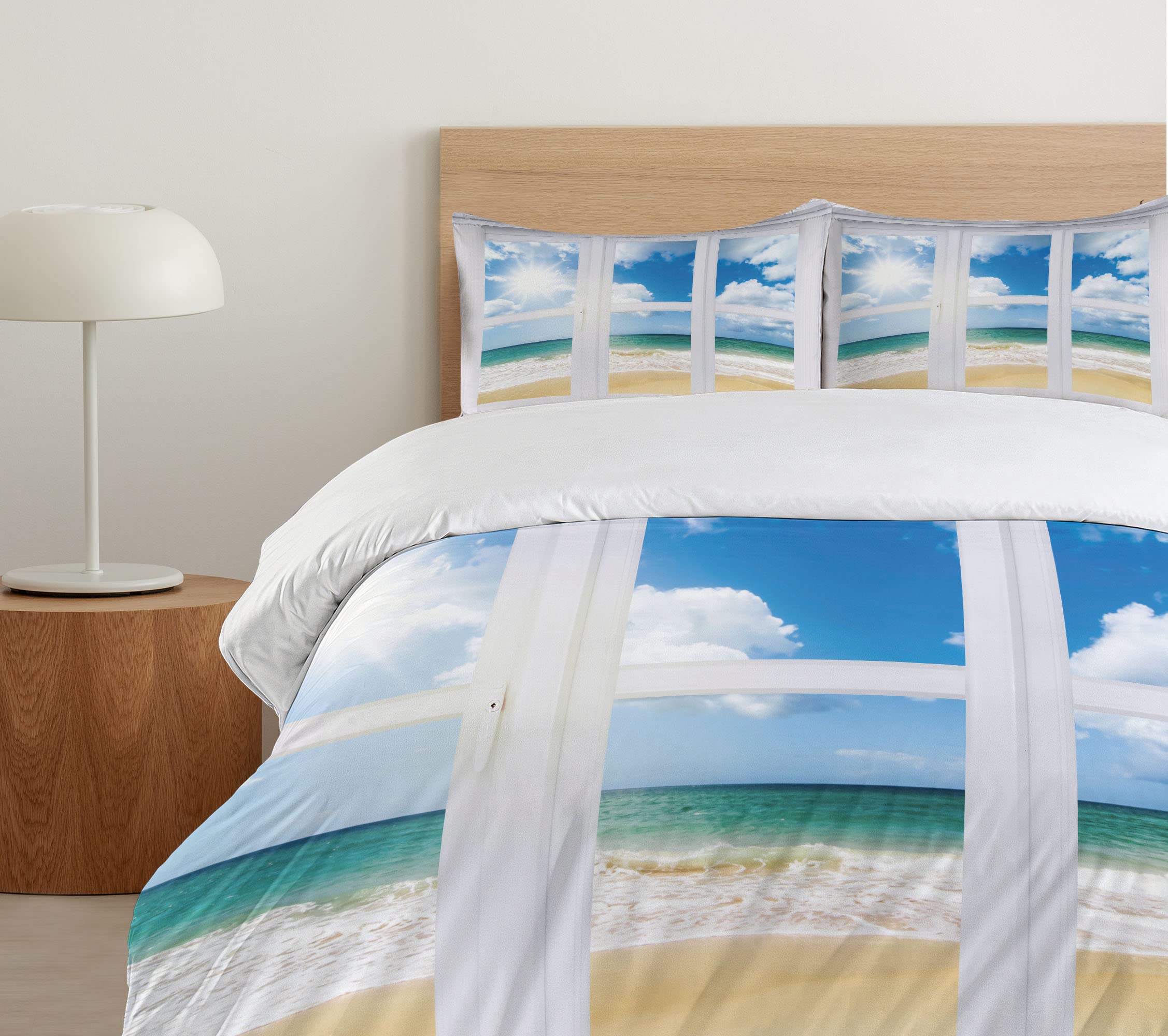 Ambesonne Beach Duvet Cover Set - Queen Size 3 Piece Coastal Bedding with 2 Pillow Shams, Ocean View & Sandy Cloudscape Design in Blue Teal Sand Brown - Perfect for Beach House Decor, Coastal Bedroom Theme & Vacation Home Styling