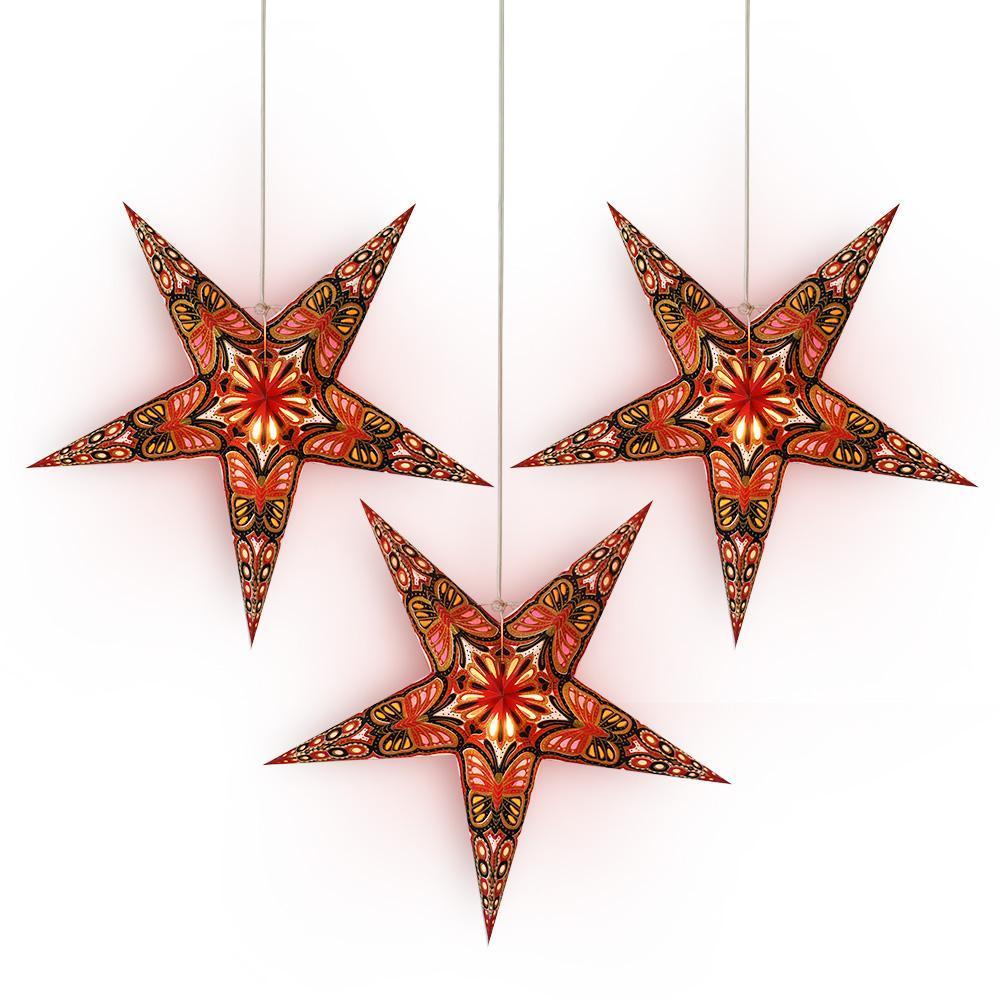 3 Pack 24 Inch Red & Black Butterfly Glitter Paper Star Lanterns with LED Bulbs & Lamp Cord - Party Decorations, Wedding Centerpieces, Festival Lighting, Bedroom Ambiance