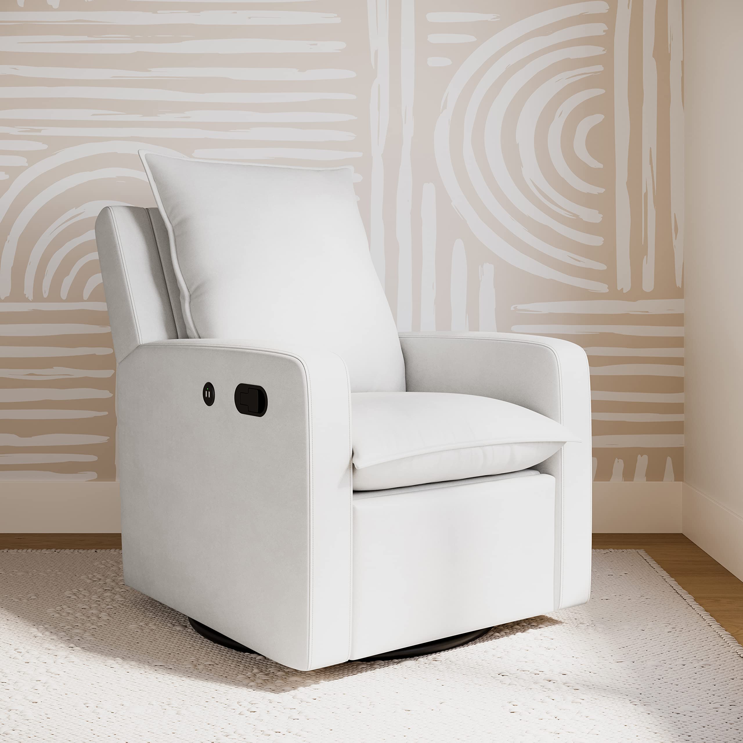 Storkcraft Timeless Reclining Glider Chair with USB Port - 360° Swivel Base, Extendable Footrest & Supportive Cushions, Ivory Fabric Upholstery for Nursery, Living Room & Relaxation