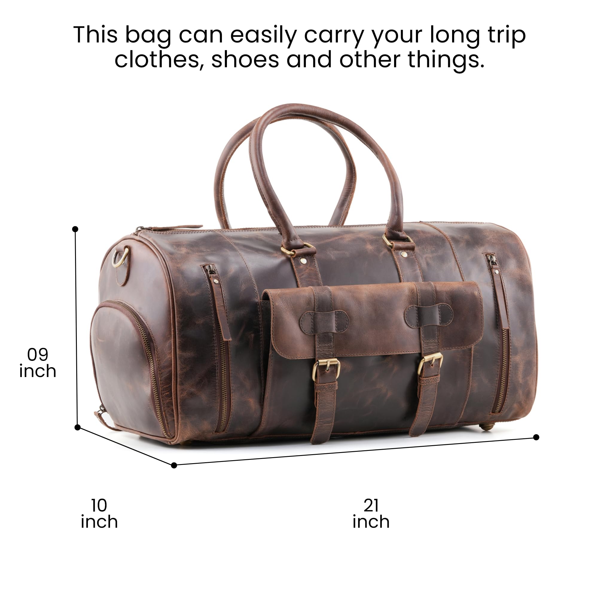 Handmade Genuine Buffalo Leather Duffle Bag - 21 Inch Gym & Travel Weekender Overnight Bag - TSA Approved Carry-on Luggage for Men & Women - Perfect for Gym, Business Trips & Weekend Getaways