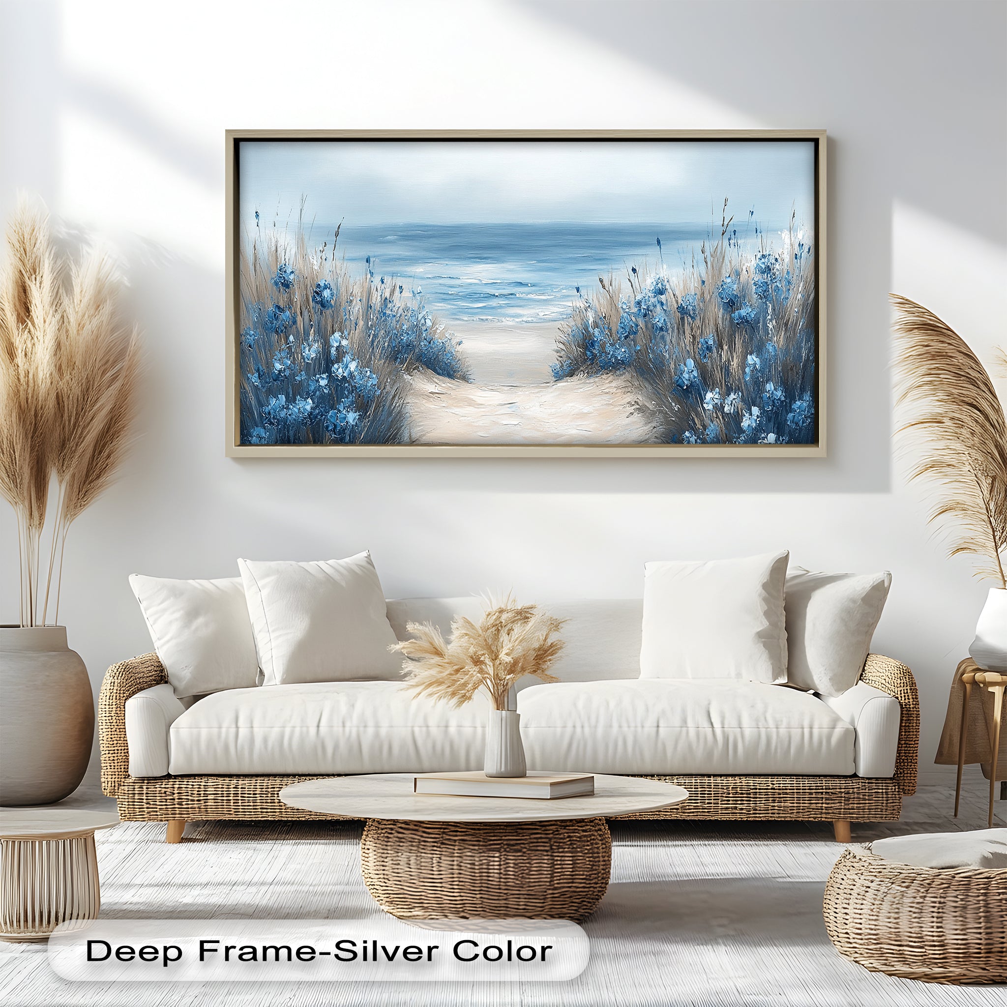 Blue Floral Beach Landscape Realism Oil Painting - Handmade Canvas Wall Art for Living Room, Bedroom & Office Decor