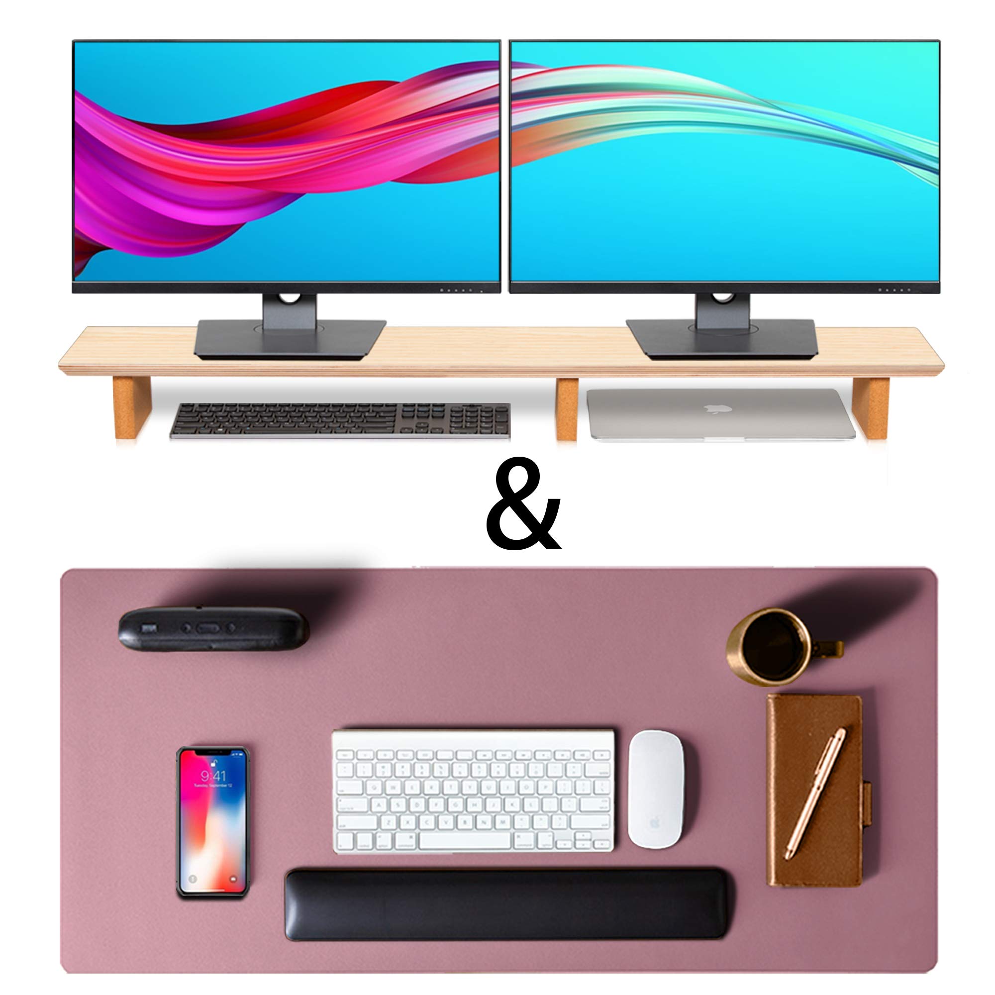 Premium Leather Desk Pad & Monitor Stand - Ergonomic Laptop Riser with Non-Slip Surface for Home Office, Gaming Setup & Workspace Organization (Black)