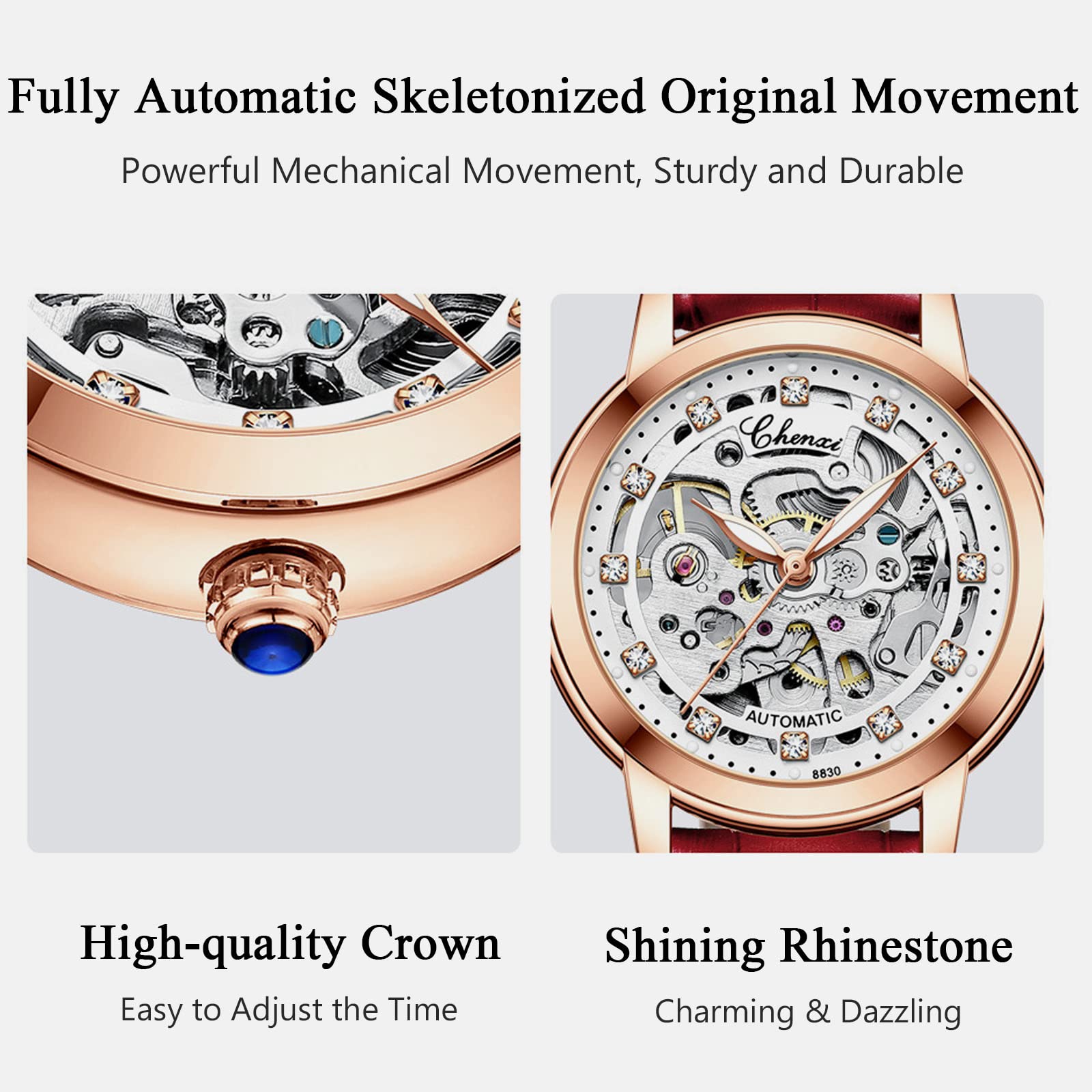 RORIOS Women's Automatic Self-Winding Mechanical Watch with Genuine Leather Strap, Tourbillon Design & Luminous Hands - Elegant Ladies Wristwatch for Business, Party & Everyday Wear