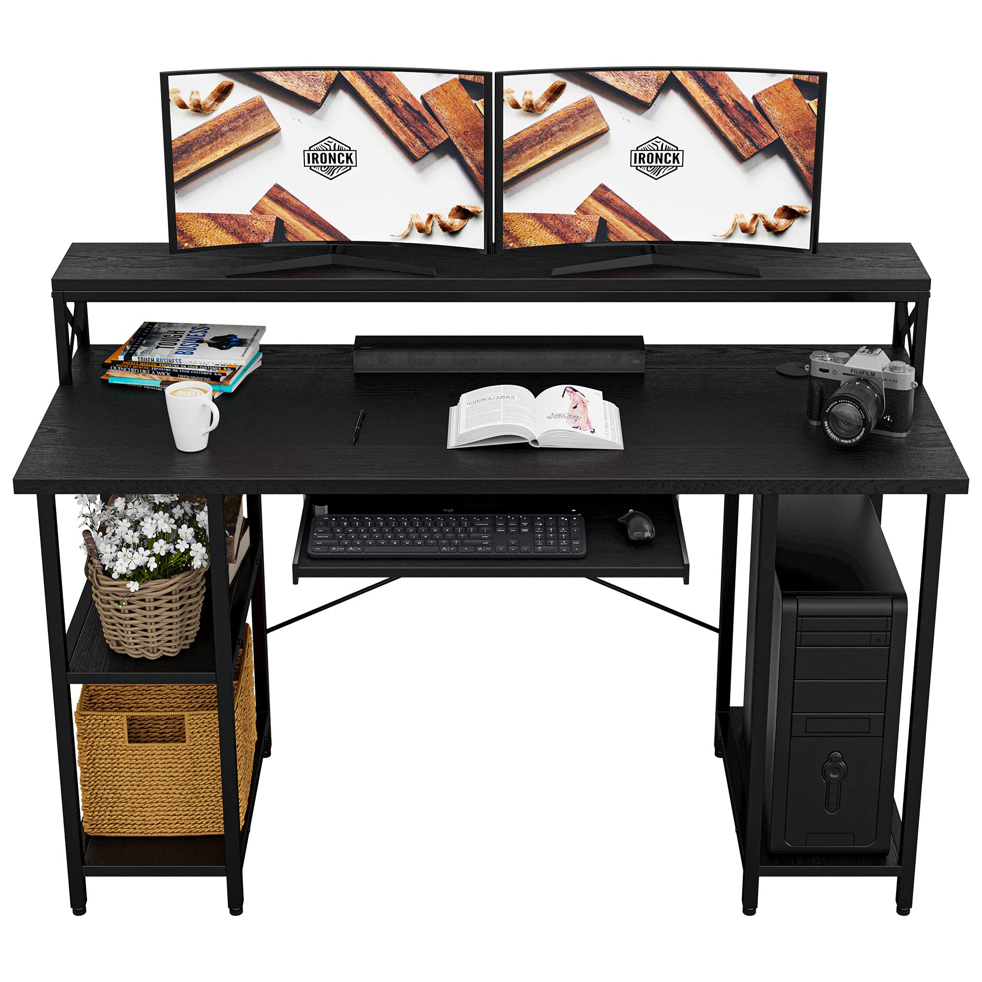 IRONCK 55 Inch Computer Desk with Keyboard Tray & Storage Shelf - Modern Home Office Desk for PC, Monitor Stand, Study Writing Table - Perfect for Small Spaces & Work from Home (Black)