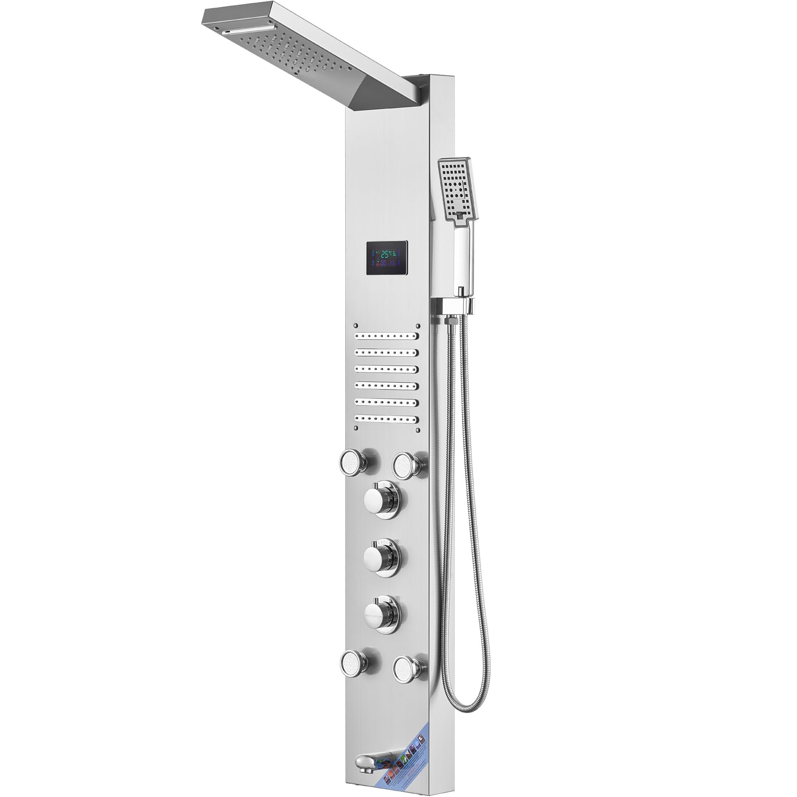 VEVOR Stainless Steel Shower Panel Tower System - 6 Shower Modes (Rainfall, Waterfall, Massage) with LED Screen, Hydroelectric Power, 5 Jets & Handheld Shower - Wall Mounted Bathroom Upgrade for Spa-Like Experience at Home