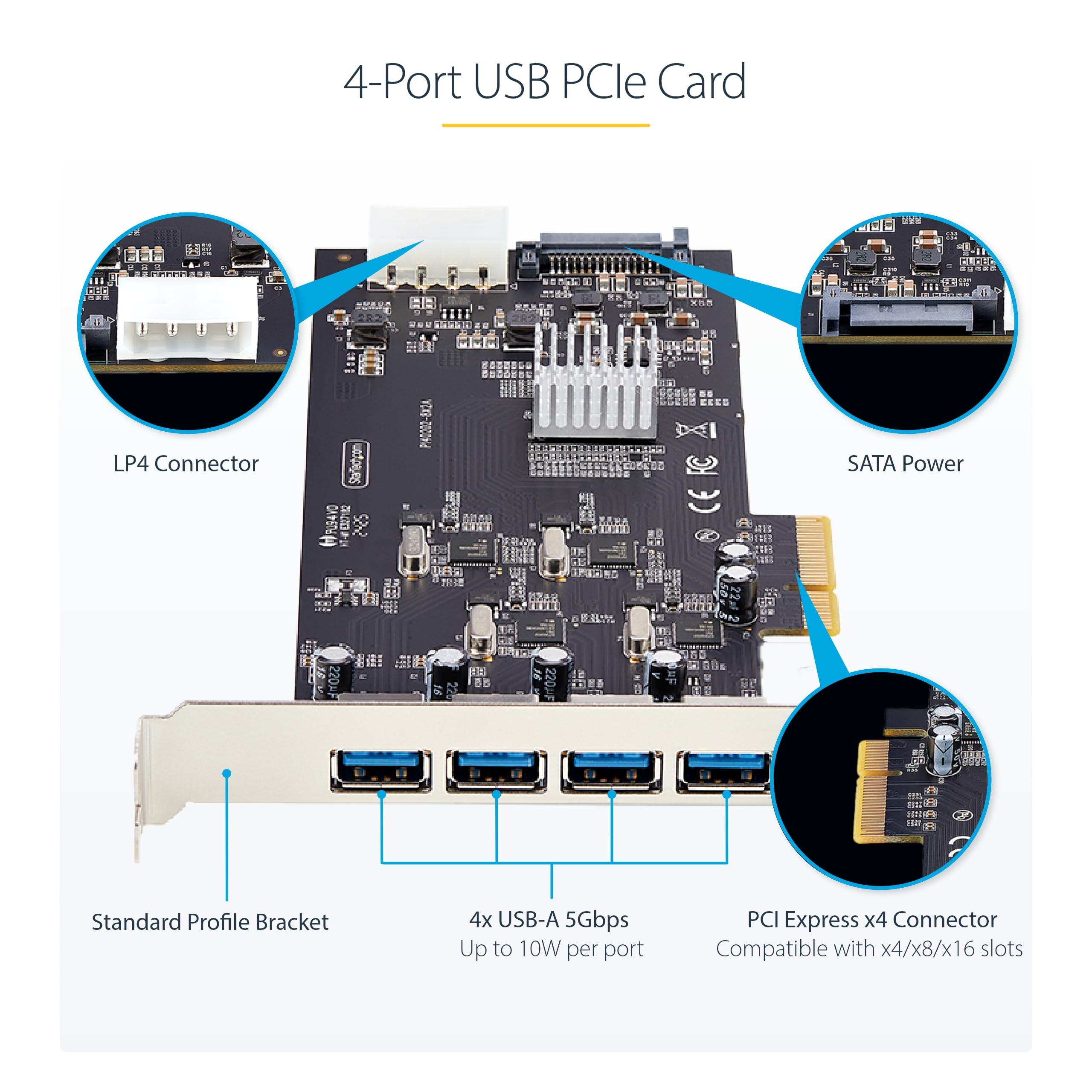 StarTech.com 4-Port USB 3.2 PCIe Expansion Card - 5Gbps SuperSpeed USB-A PCI Express Adapter with 4 Independent Controllers for Desktop PC, Workstation & Gaming Rig - Perfect for External Drives, Printers & Peripherals