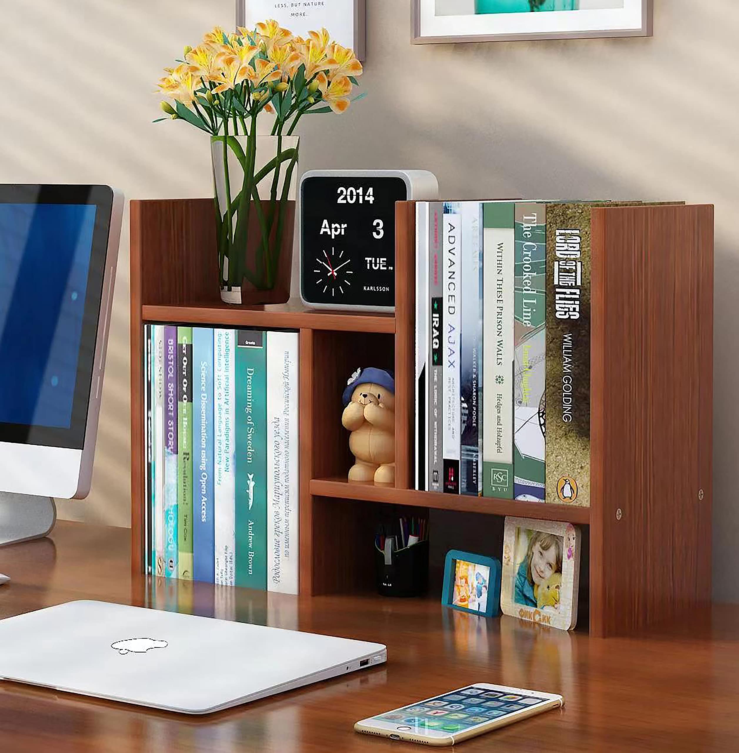 Adjustable Wooden Desktop Bookshelf Organizer - Office Desk Storage Rack, Book Display Shelf for Home & Office - Perfect for Books, Decor, and Office Supplies Organization (Natural Finish)