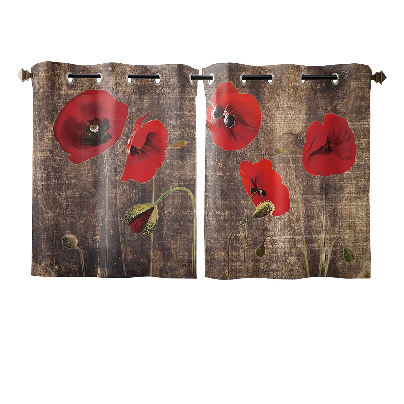 Vintage Poppy Flower Sheer Curtains with Wooden Texture - 2 Panels Kitchen Tier Grommet Window Drapes 63 Inch Length for Living Room, Bedroom, Patio & Sliding Glass Door - Perfect for Privacy, Light Filtering and Home Decor