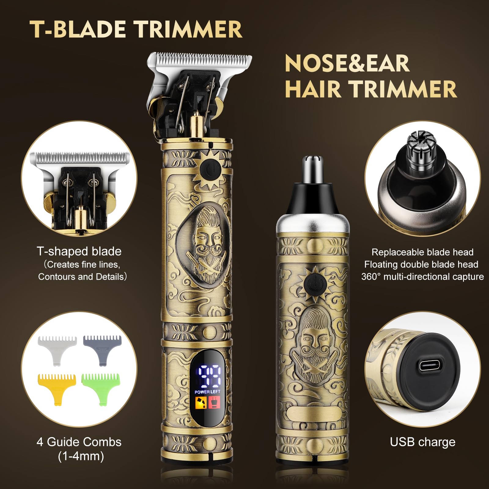 Professional Cordless Hair Clippers for Men - 4-in-1 Barber Kit with T-Blade Trimmer, Electric Shaver & Nose Hair Trimmer | LCD Display | Perfect for Home Haircuts, Beard Grooming & Personal Care (Gold)