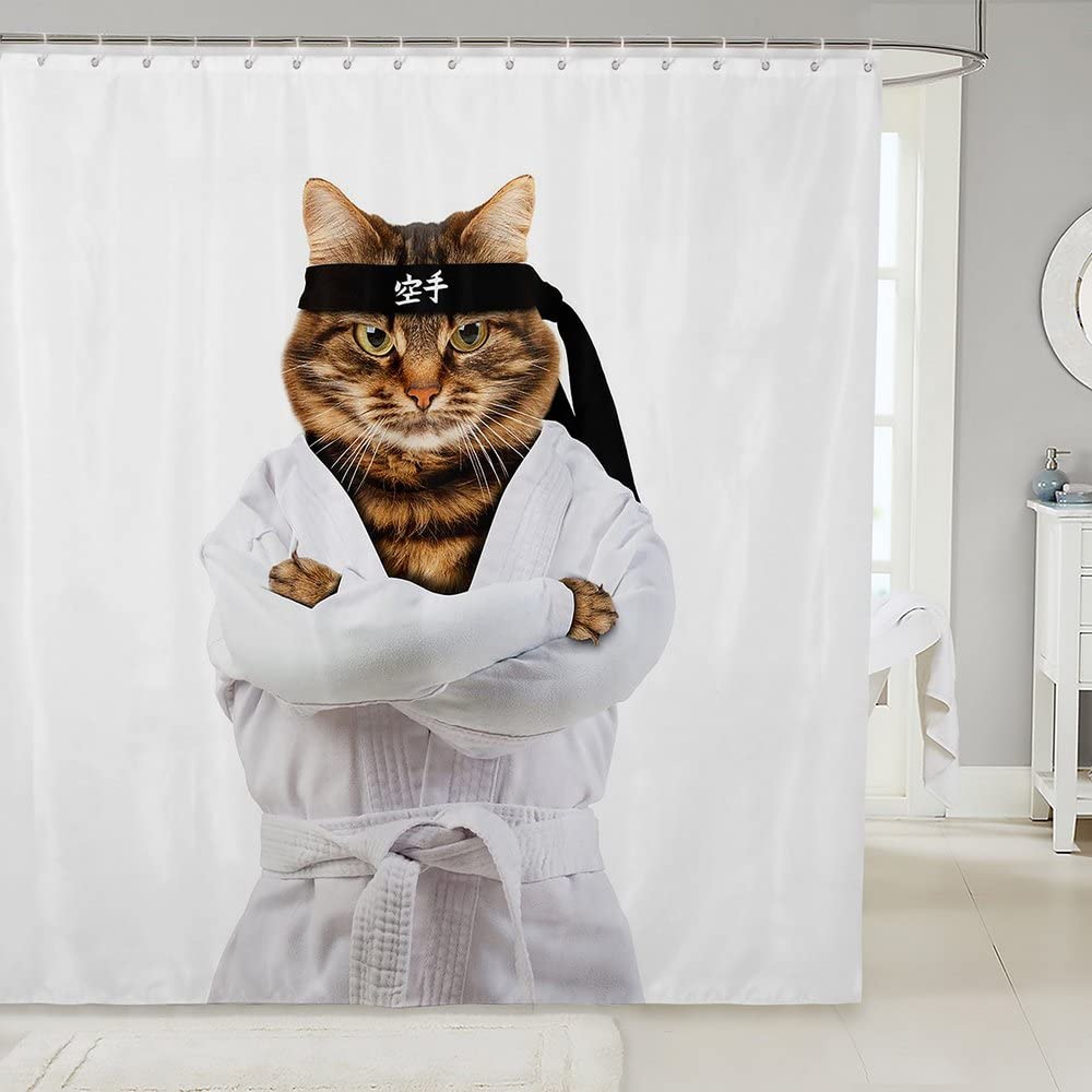 Funny 3D Cat Shower Curtain - Japanese Karate Design for Kids Bathroom Decor - 72